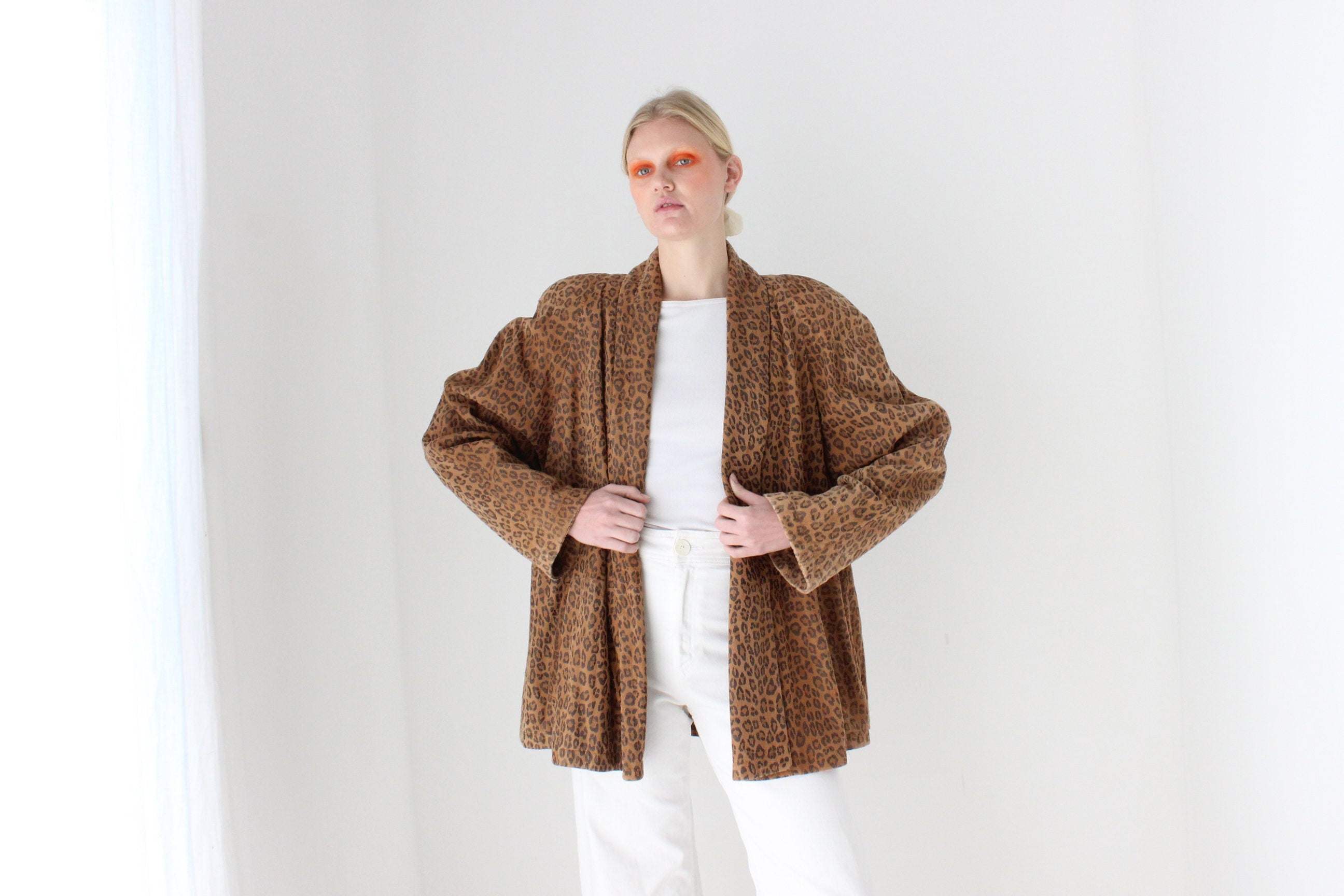 80s Designer Leopard Print Suede Luxury Swing Coat