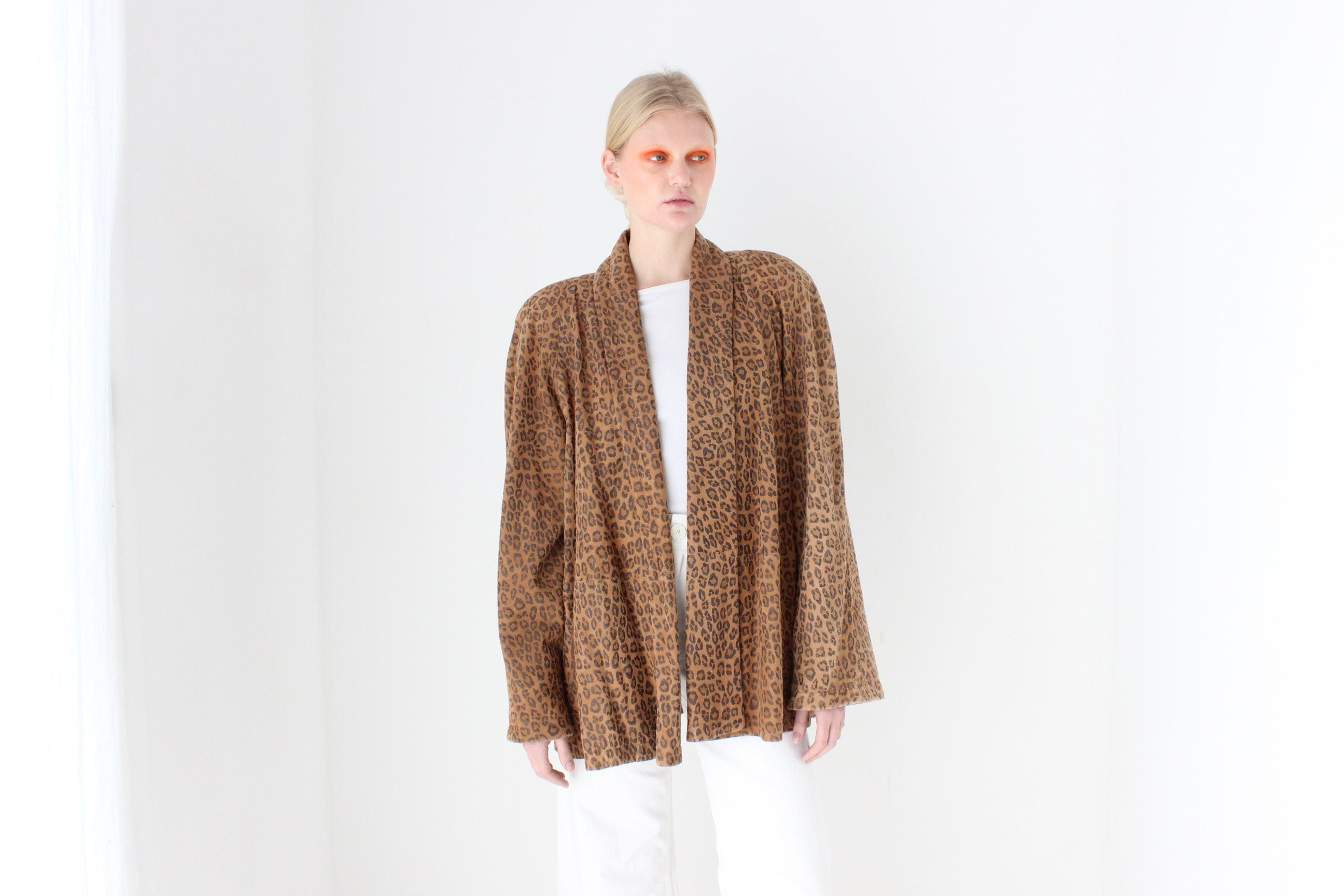 80s Designer Leopard Print Suede Luxury Swing Coat