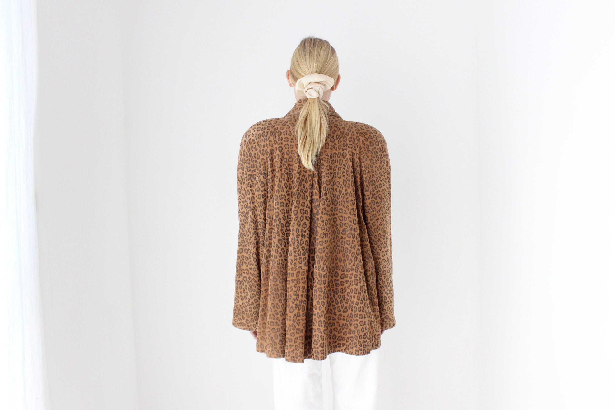 80s Designer Leopard Print Suede Luxury Swing Coat