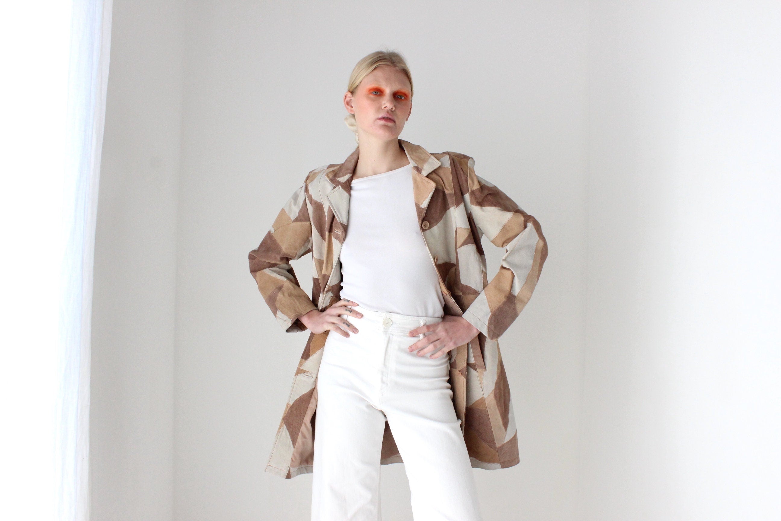 90s does 70s Robert Louis Suede Leather Earthy Caramel Tone PATCHWORK A-Line Swing Trench Coat/Jacket