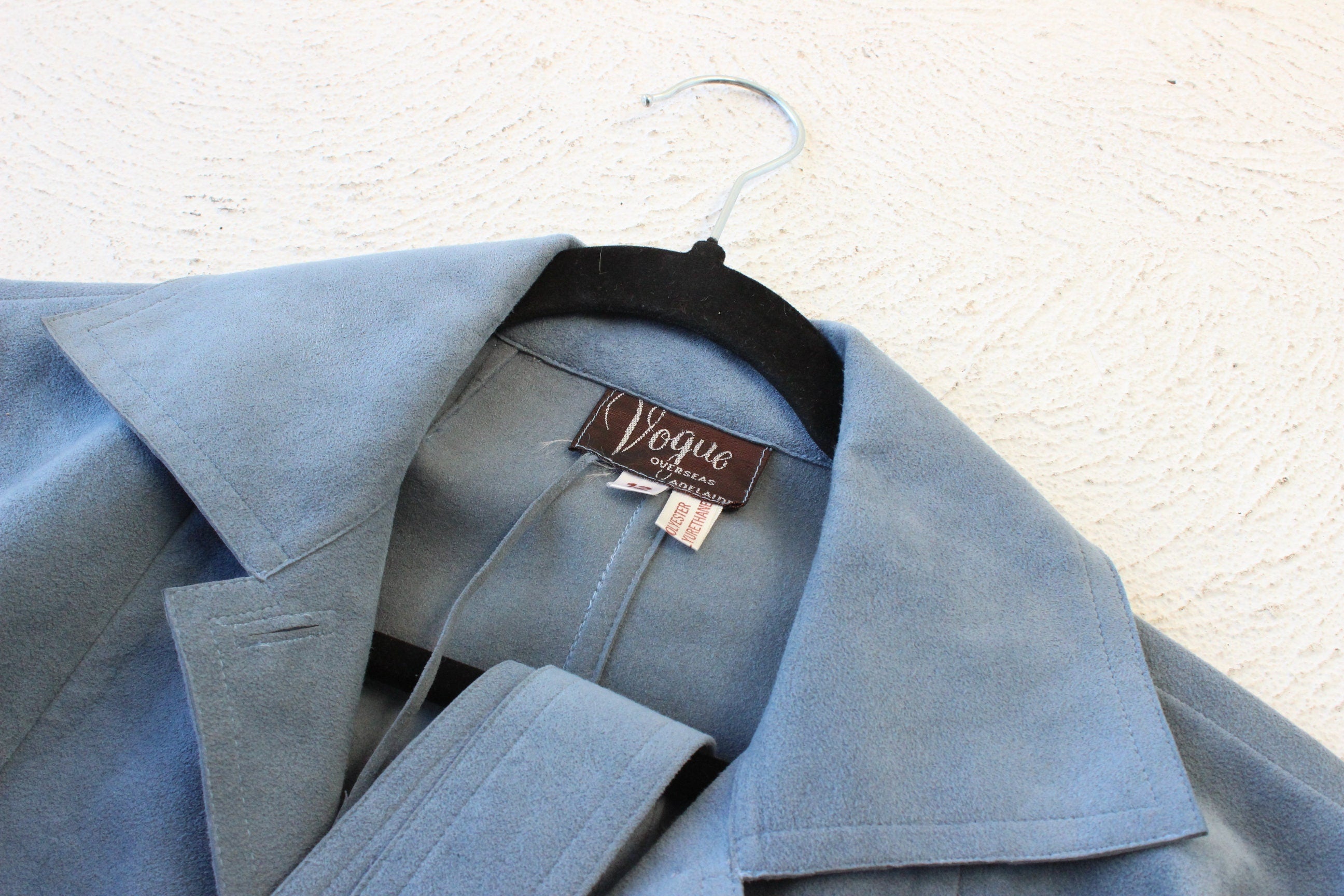 70s Sky Blue Suede Look Belted Trench Coat