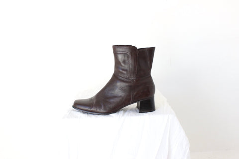 90s Square Toe Dark Chocolate Leather Ankle Boots - Euro 40.5