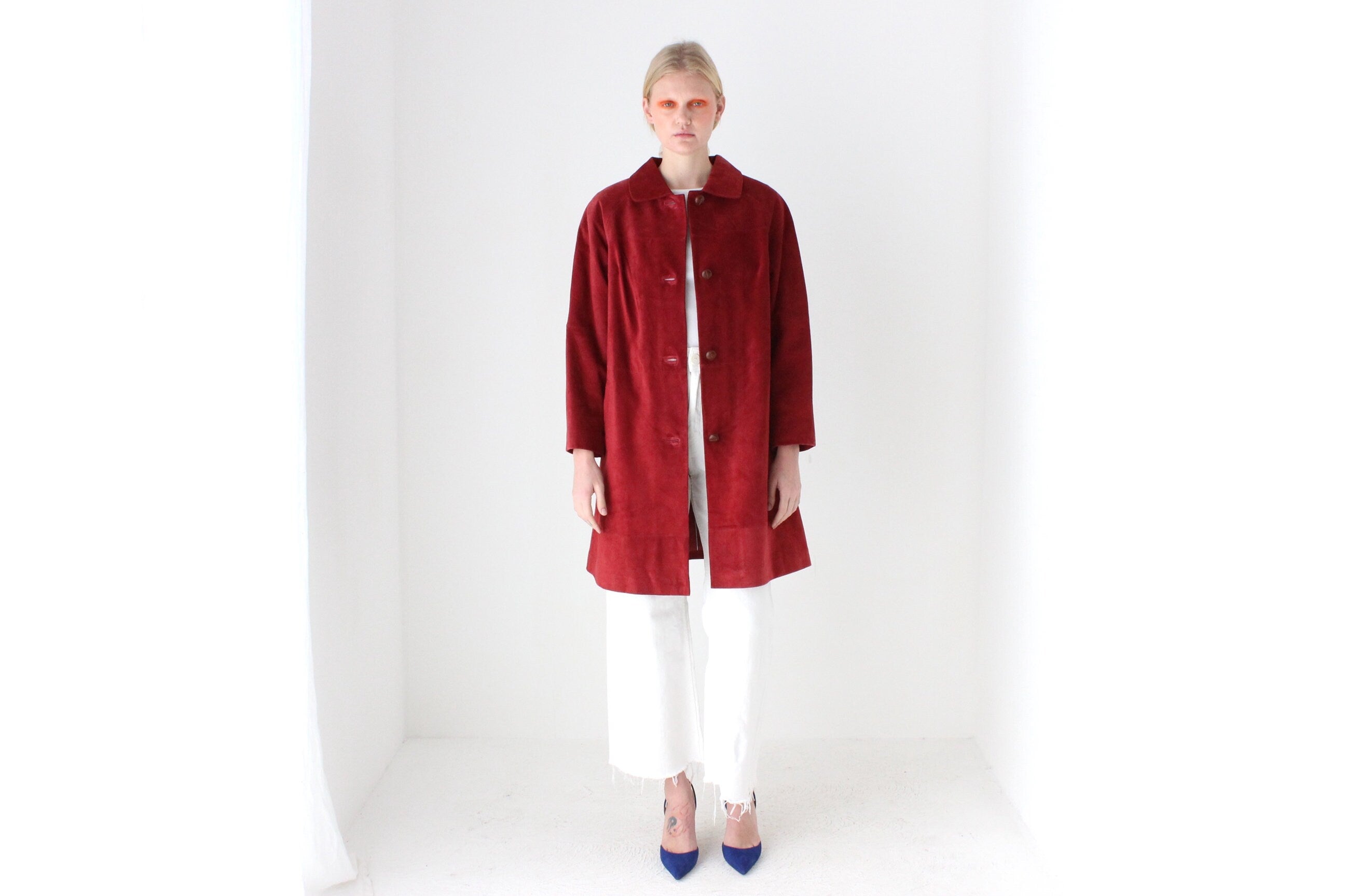 90s Burgundy Suede Long Line Button Up Swing Coat