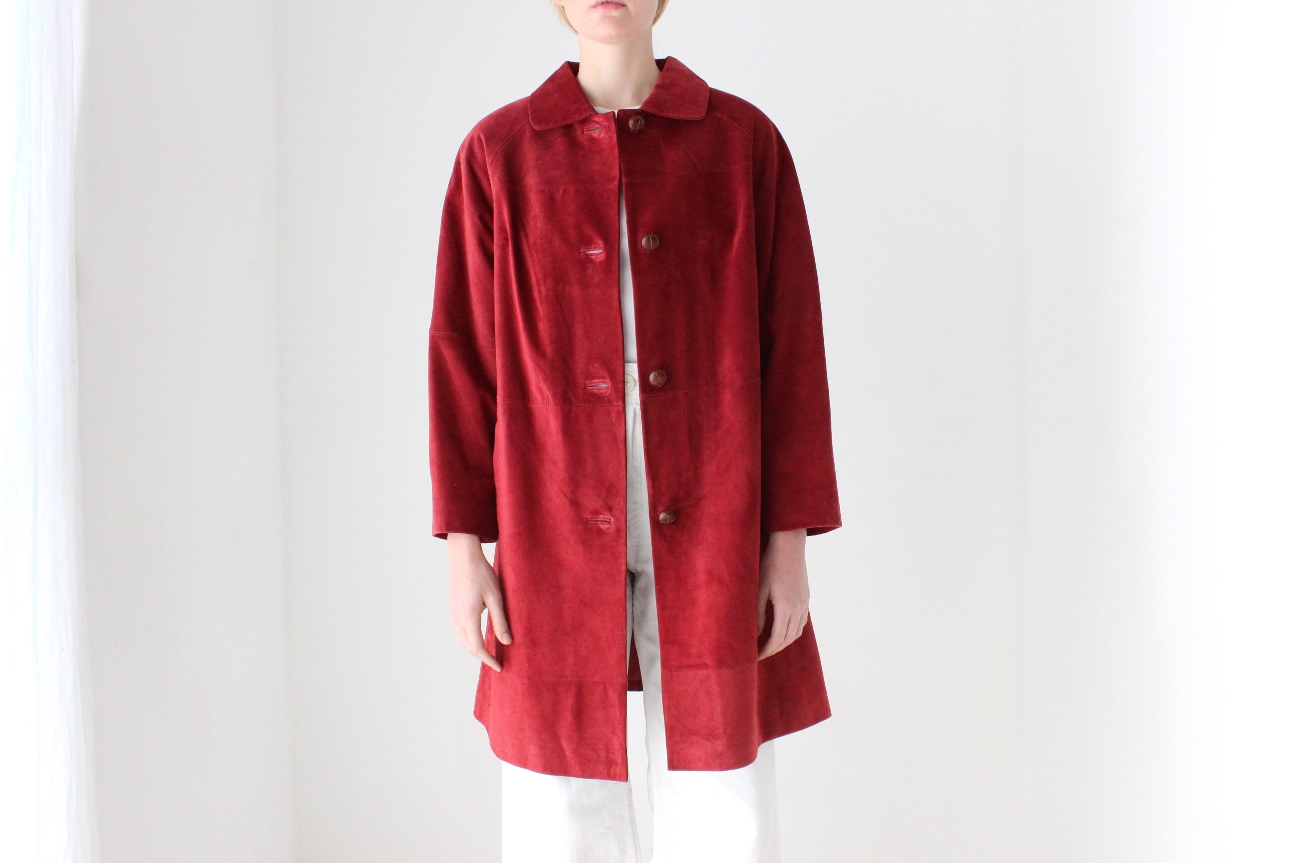 90s Burgundy Suede Long Line Button Up Swing Coat