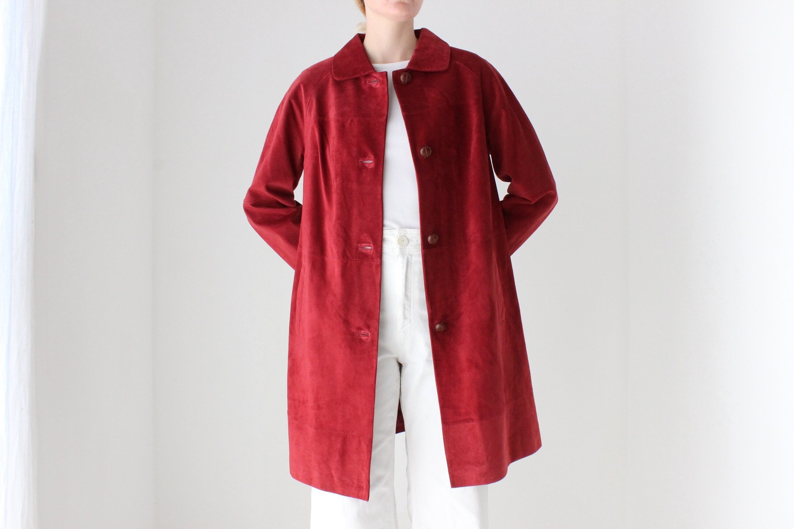 90s Burgundy Suede Long Line Button Up Swing Coat