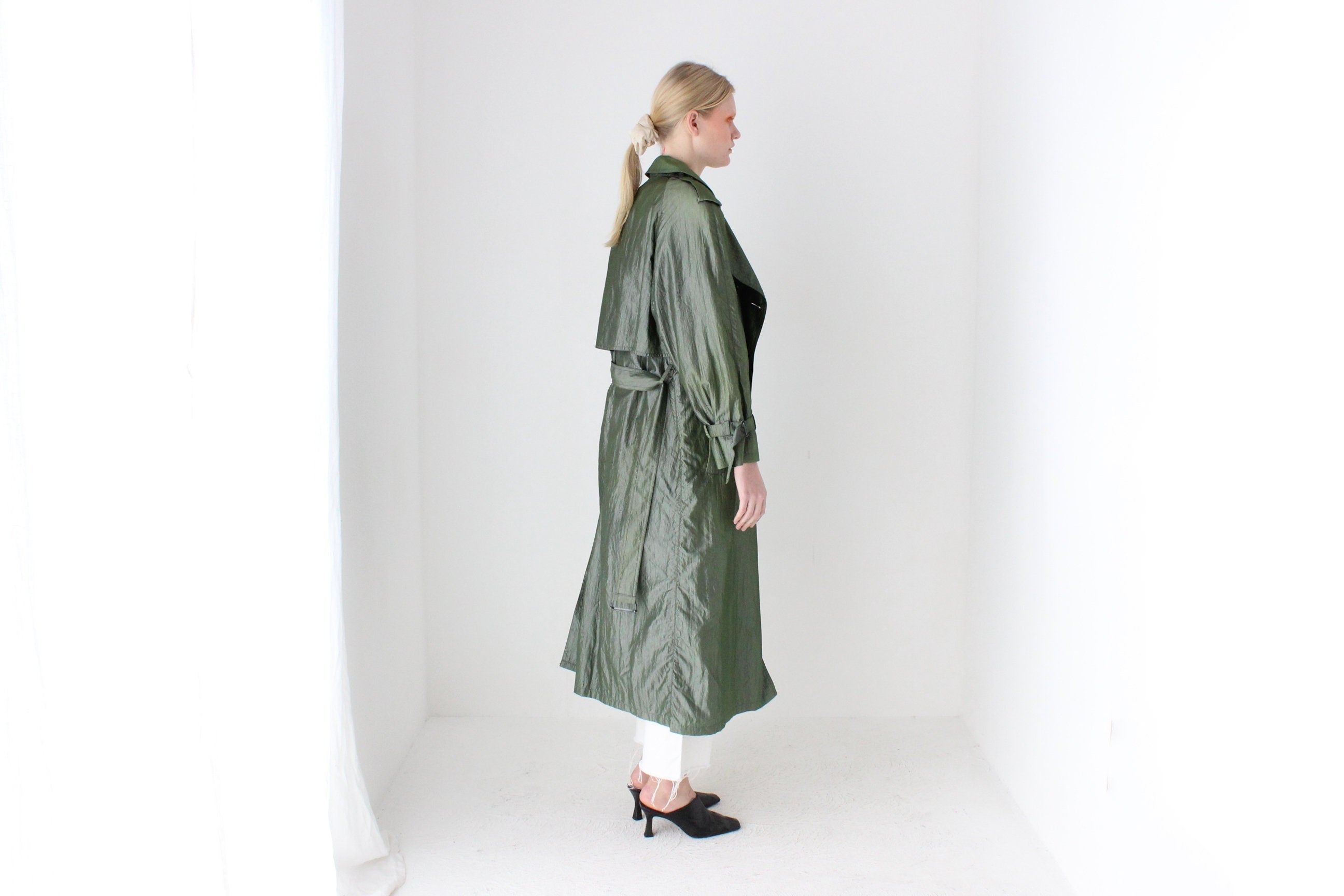 80s Iridescent Green Belted Trench Coat by Jones New York w/ Pure Wool Lining