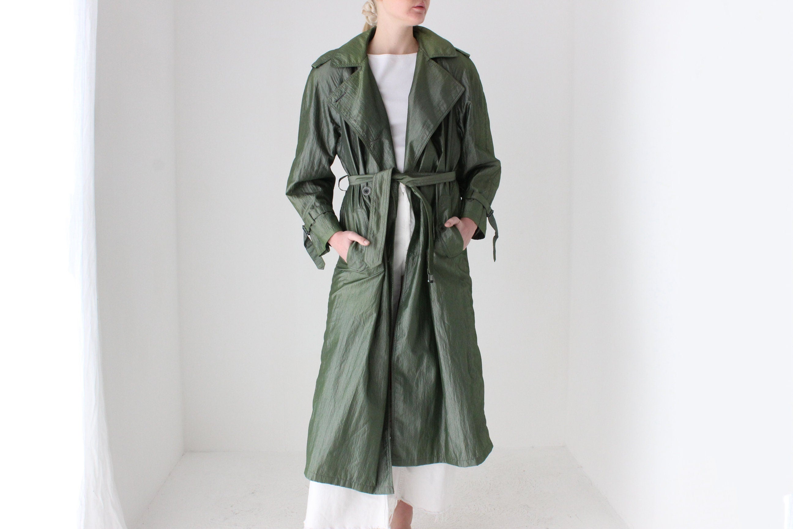 80s Iridescent Green Belted Trench Coat by Jones New York w/ Pure Wool Lining