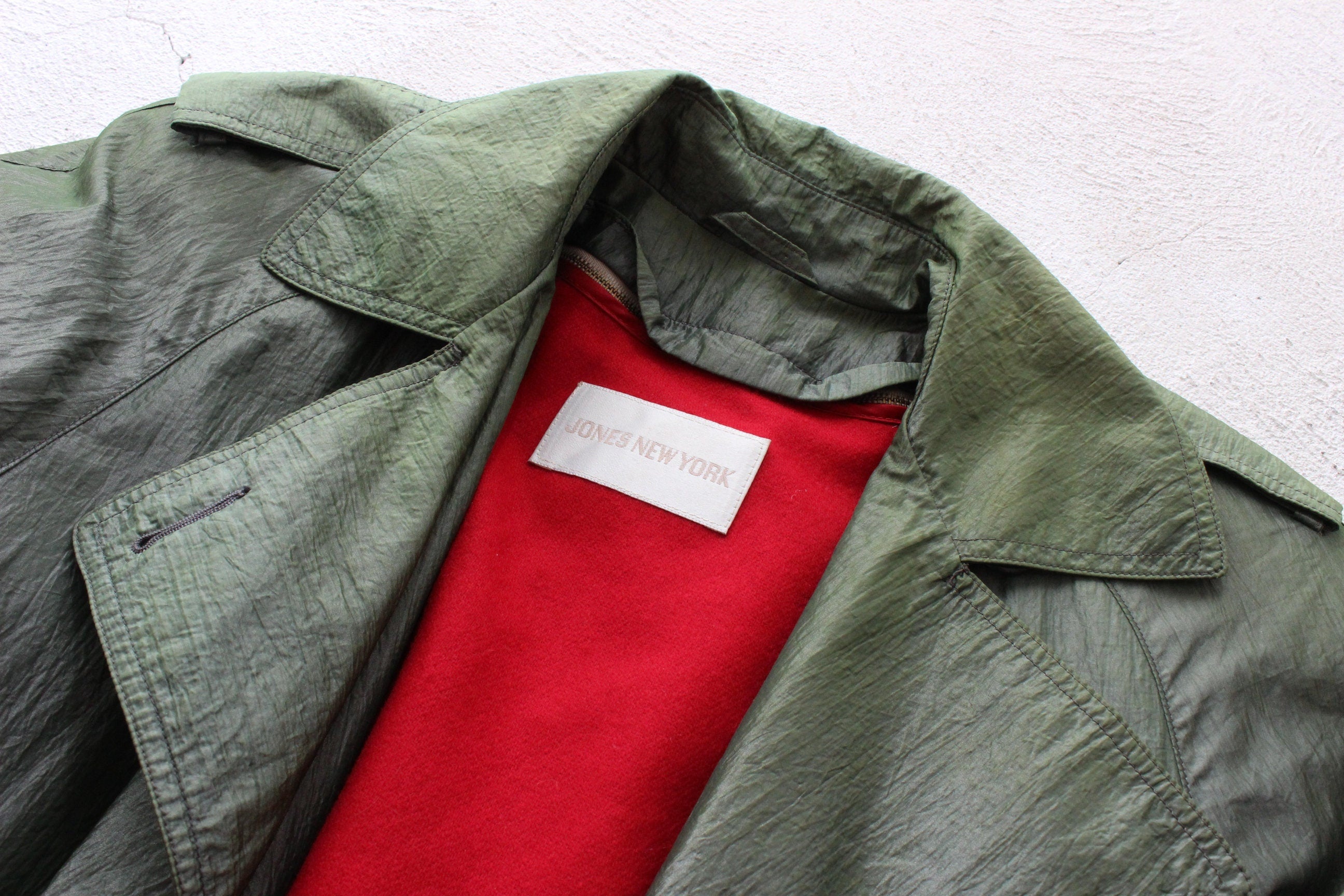 80s Iridescent Green Belted Trench Coat by Jones New York w/ Pure Wool Lining