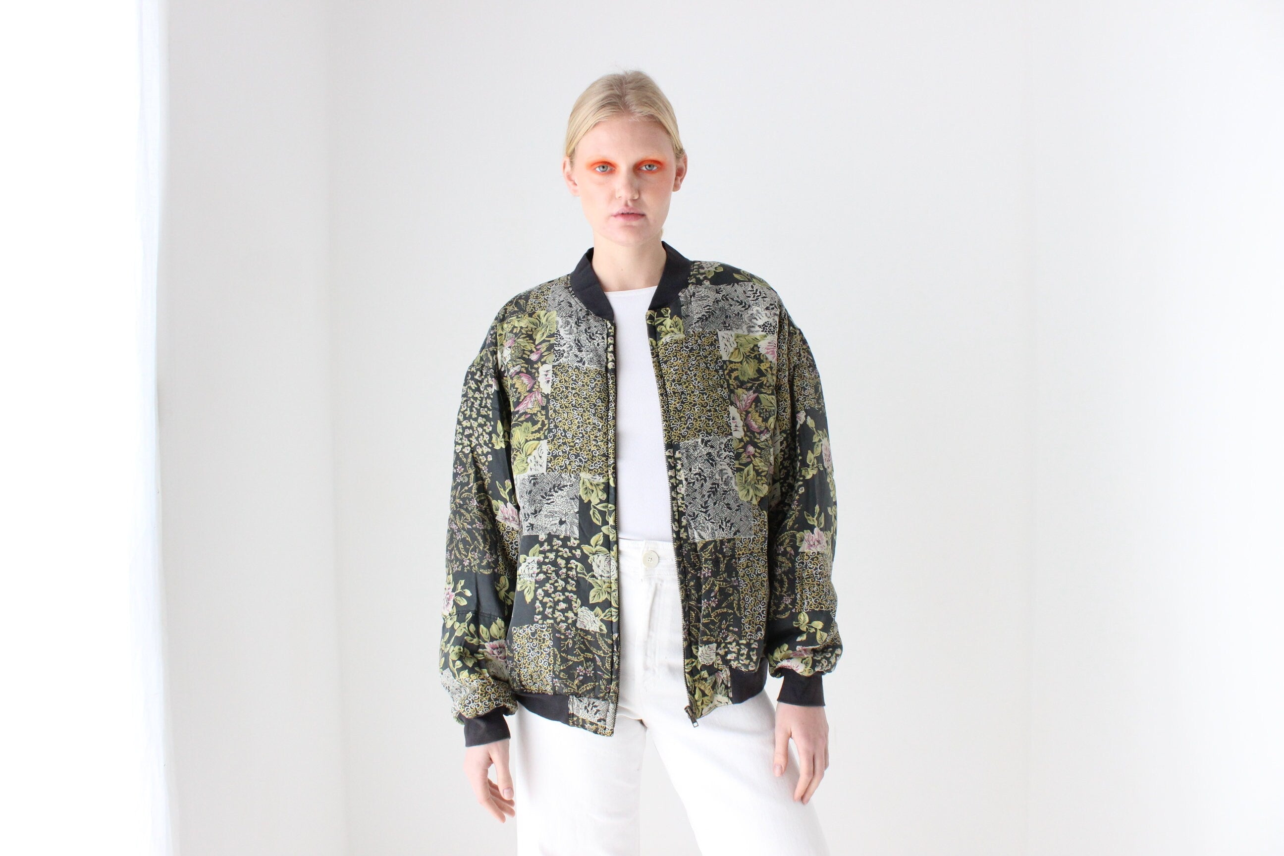 80s Pure Silk Floral Print Quilted Bomber Jacket