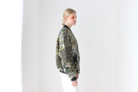 80s Pure Silk Floral Print Quilted Bomber Jacket