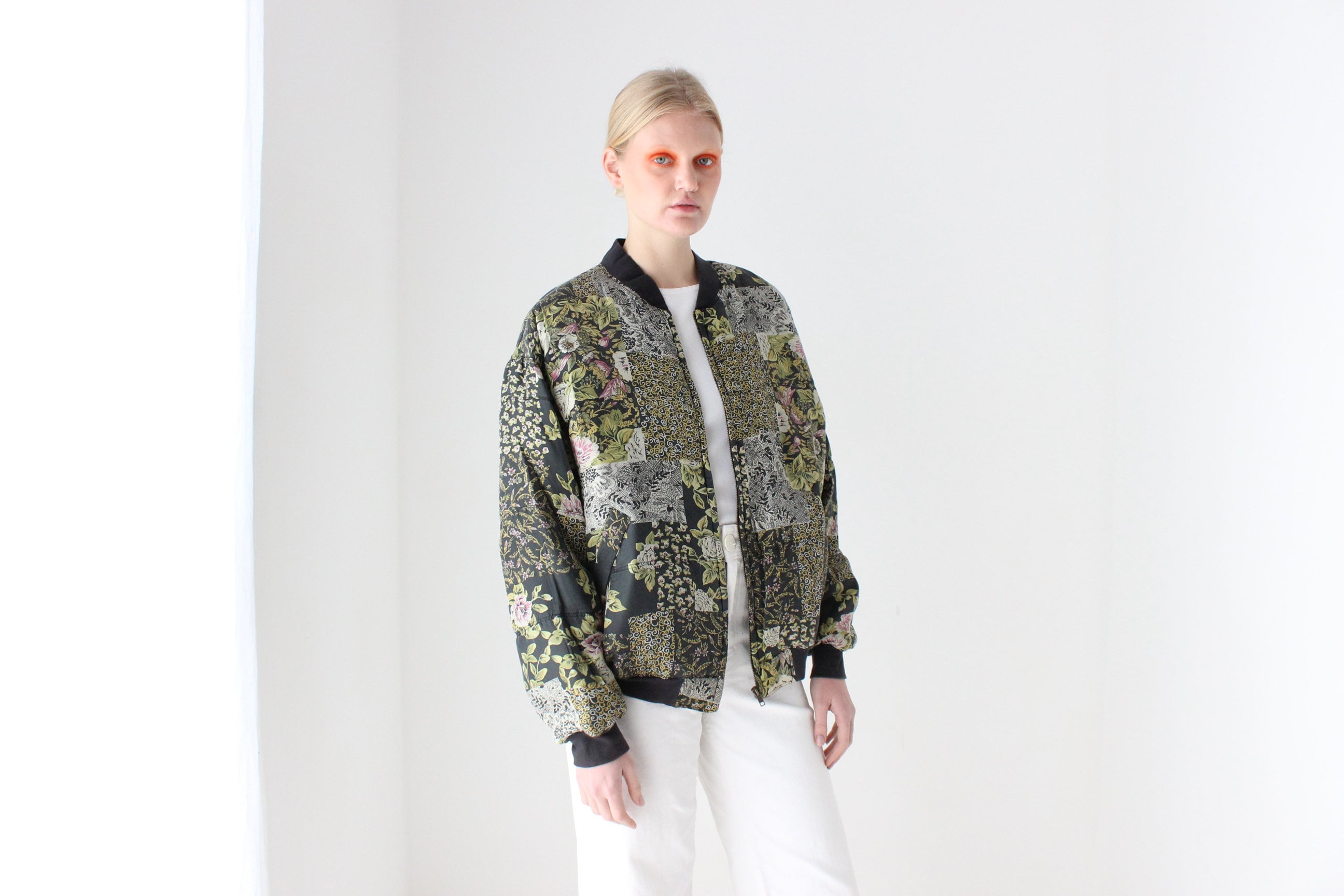 80s Pure Silk Floral Print Quilted Bomber Jacket