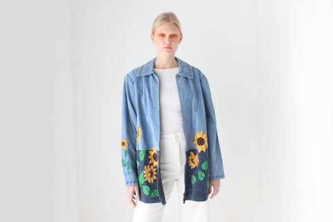 90s Suede Sunflower Patchwork Oversized Zip Front XL Jacket