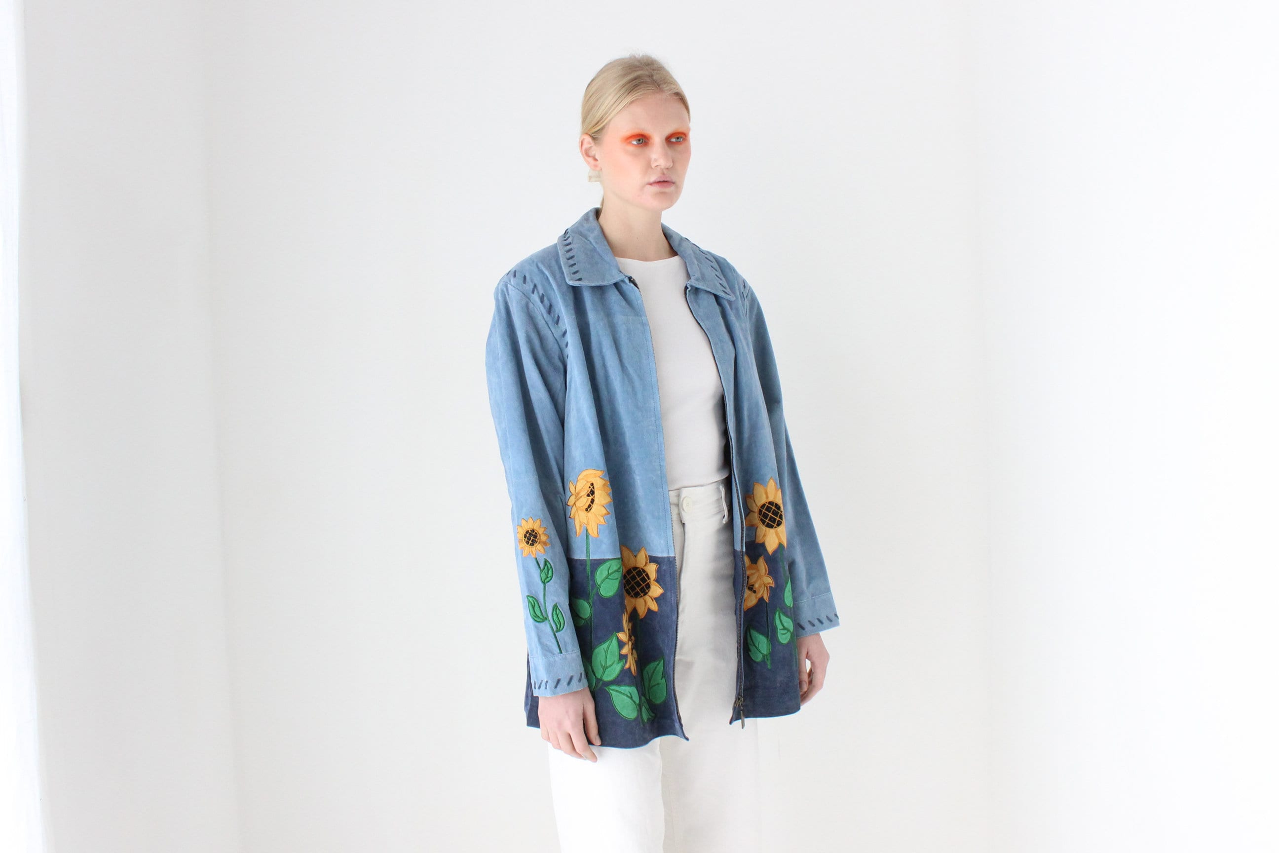 90s Suede Sunflower Patchwork Oversized Zip Front XL Jacket