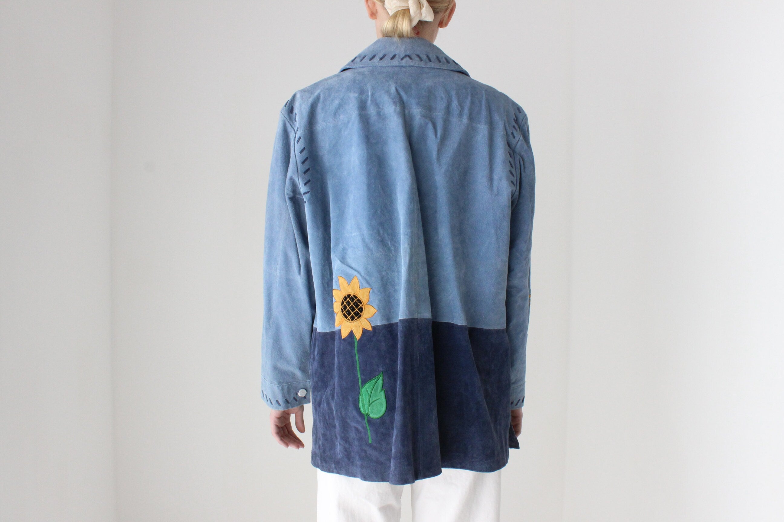 90s Suede Sunflower Patchwork Oversized Zip Front XL Jacket