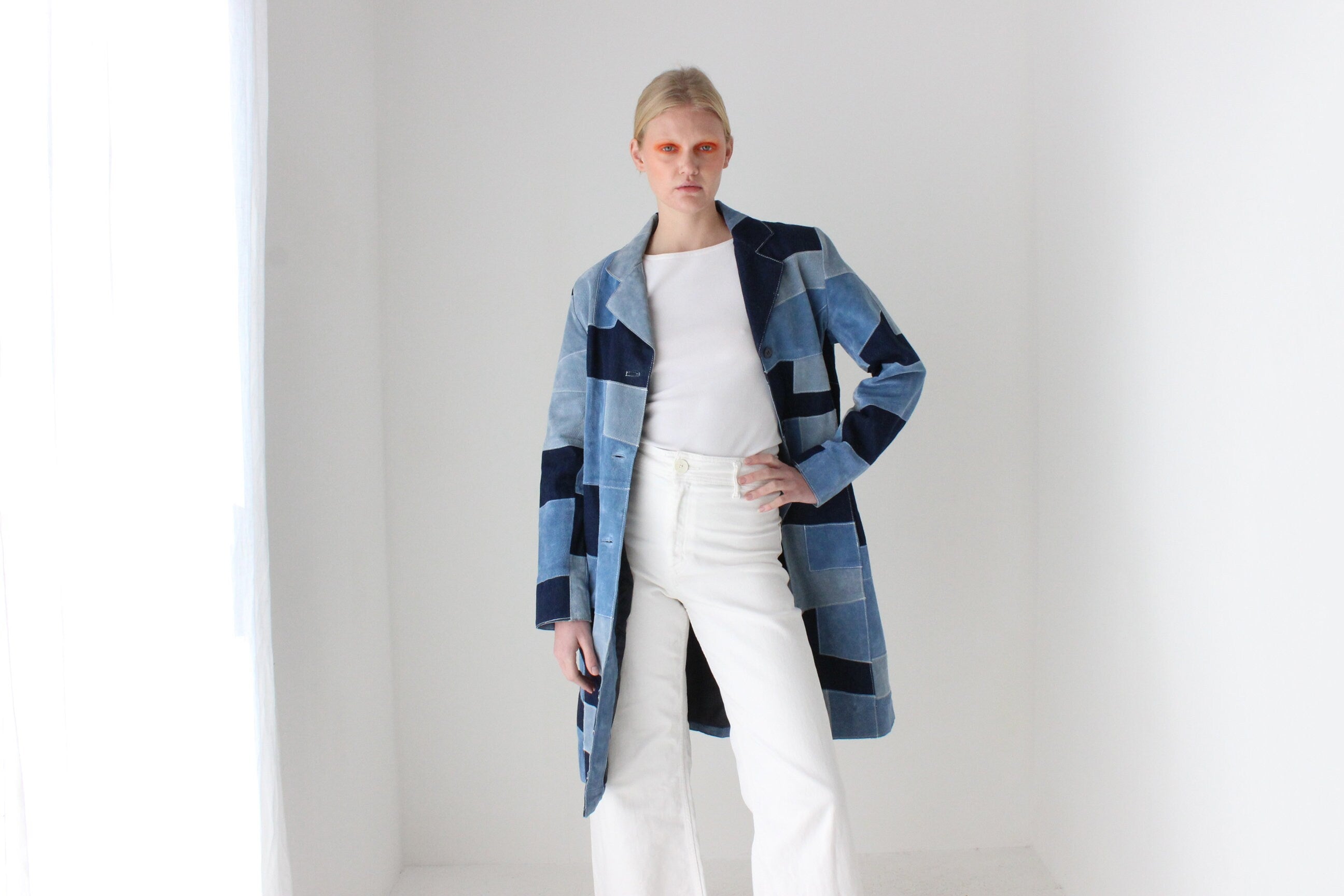 90s Does 70s Suede & Denim Patchwork Trench Coat