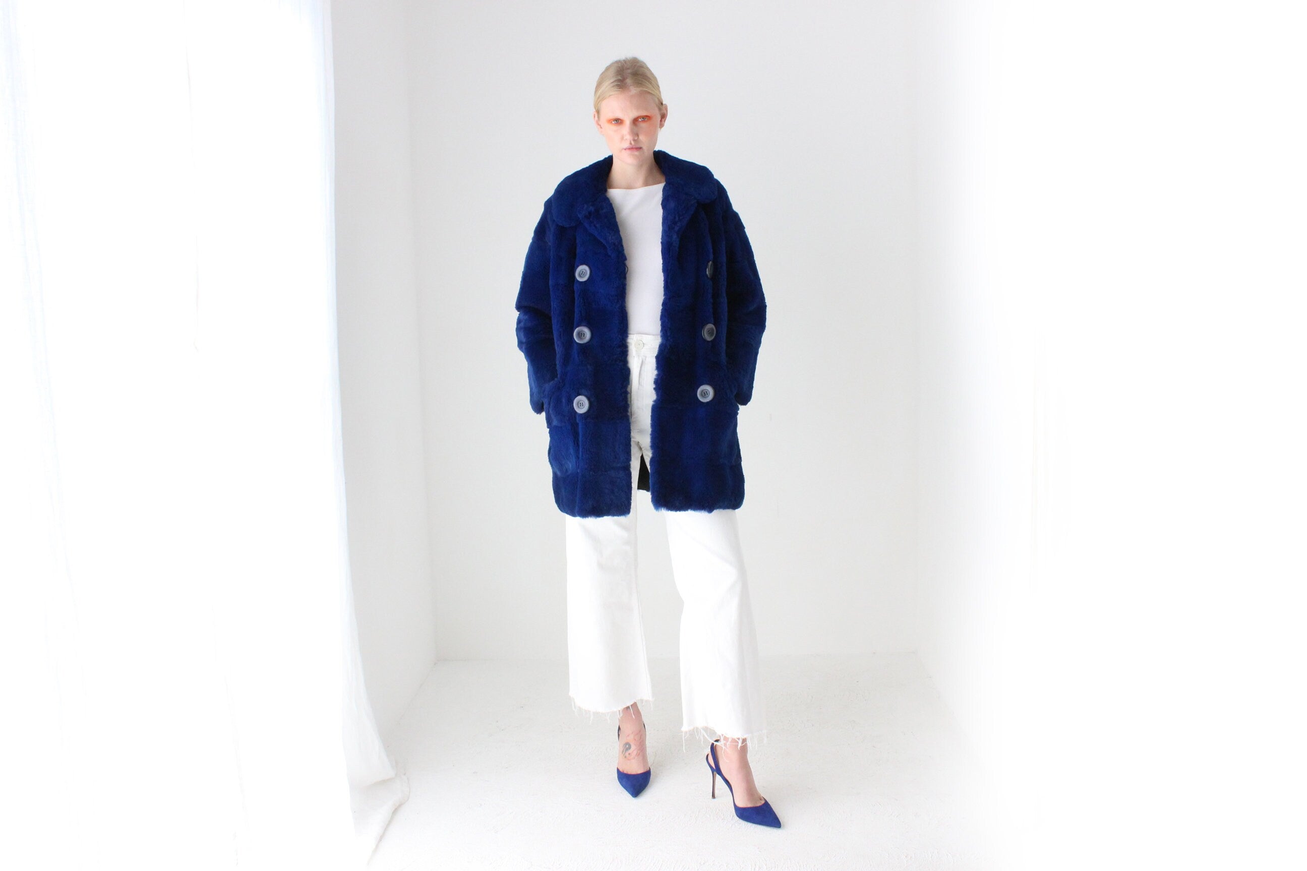 1980s Custom Made Real Rabbit Fur Deep Blue Coat