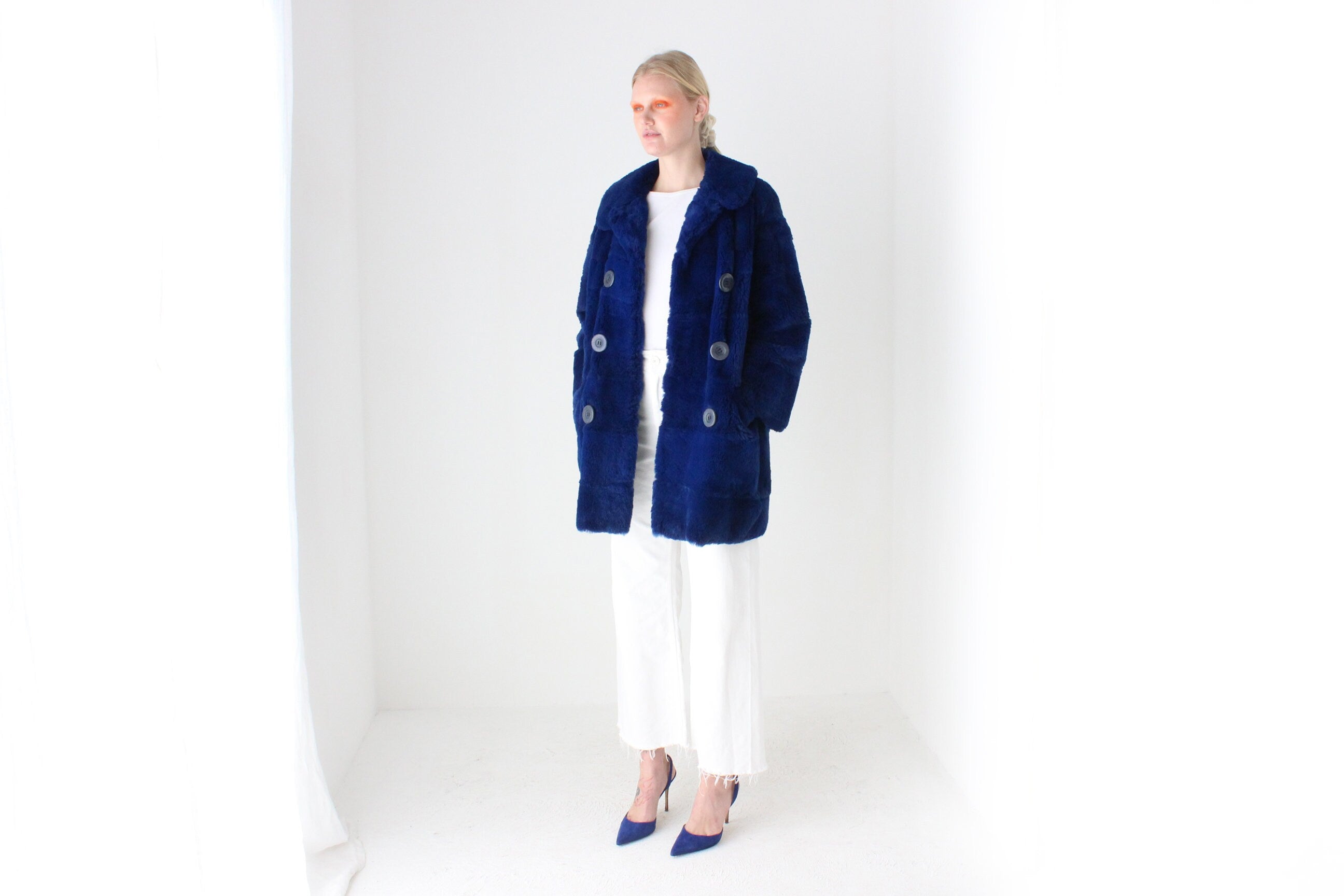 1980s Custom Made Real Rabbit Fur Deep Blue Coat