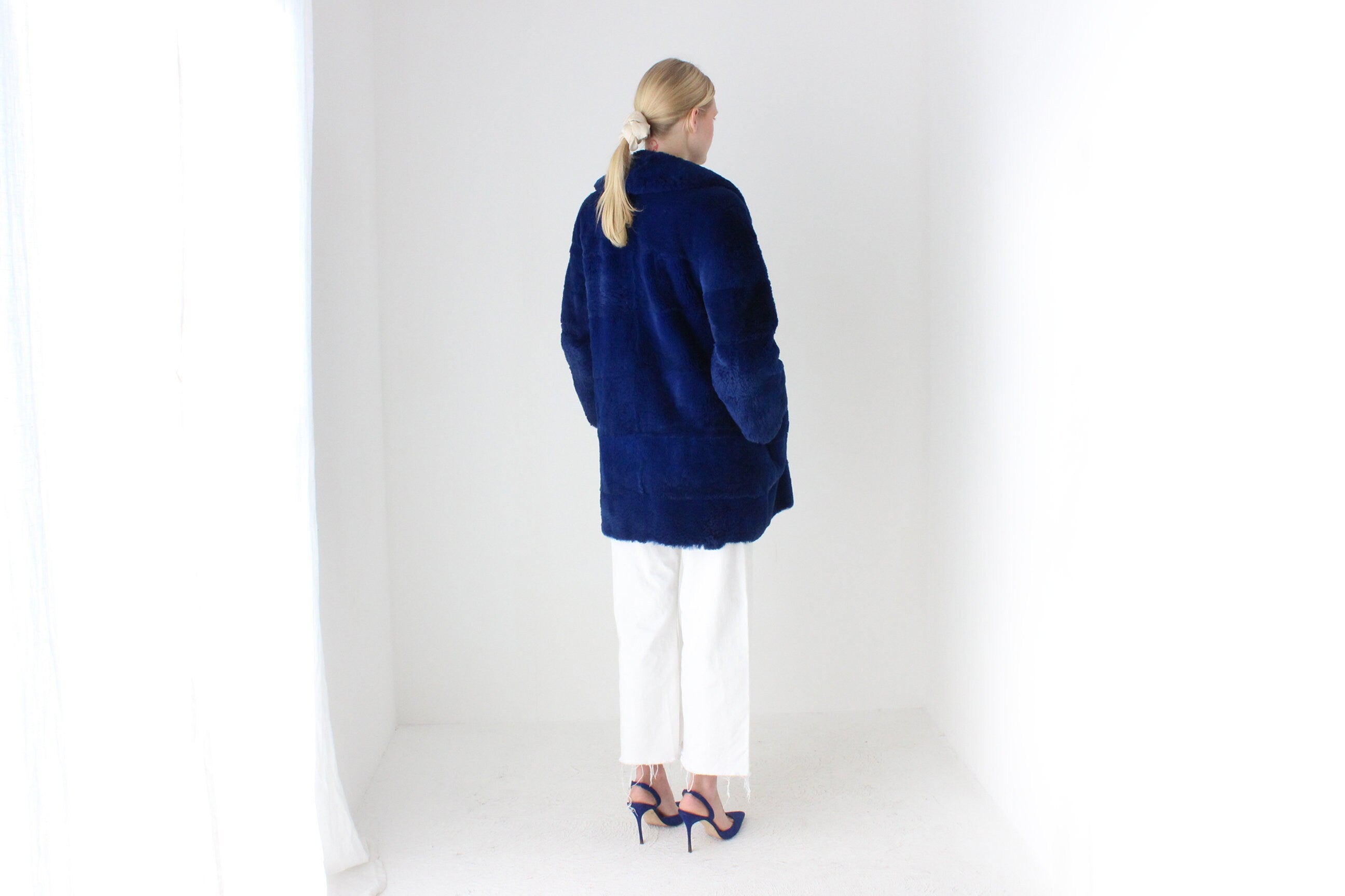 1980s Custom Made Real Rabbit Fur Deep Blue Coat