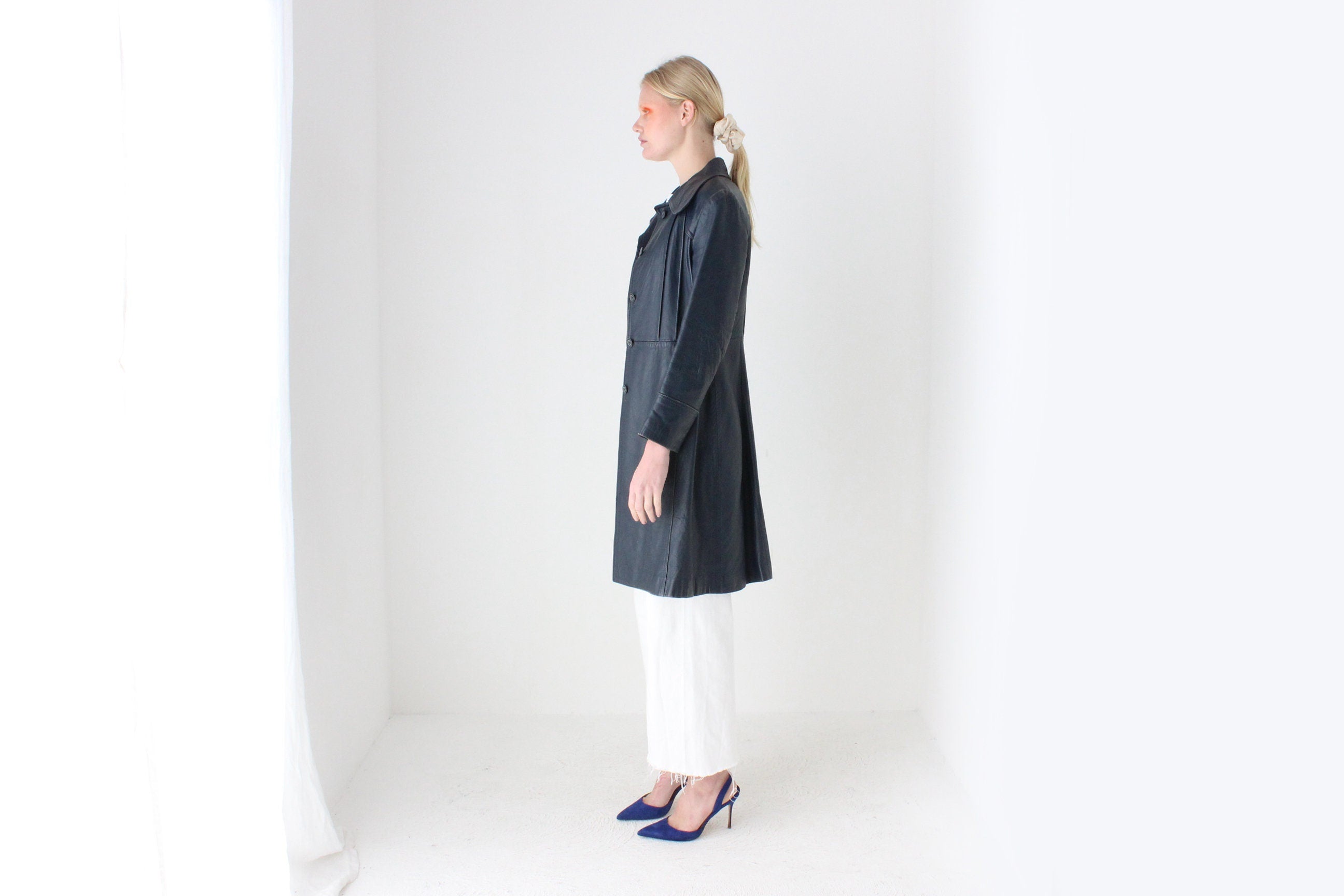 70s Navy Blue Long Leather Button Up Coat