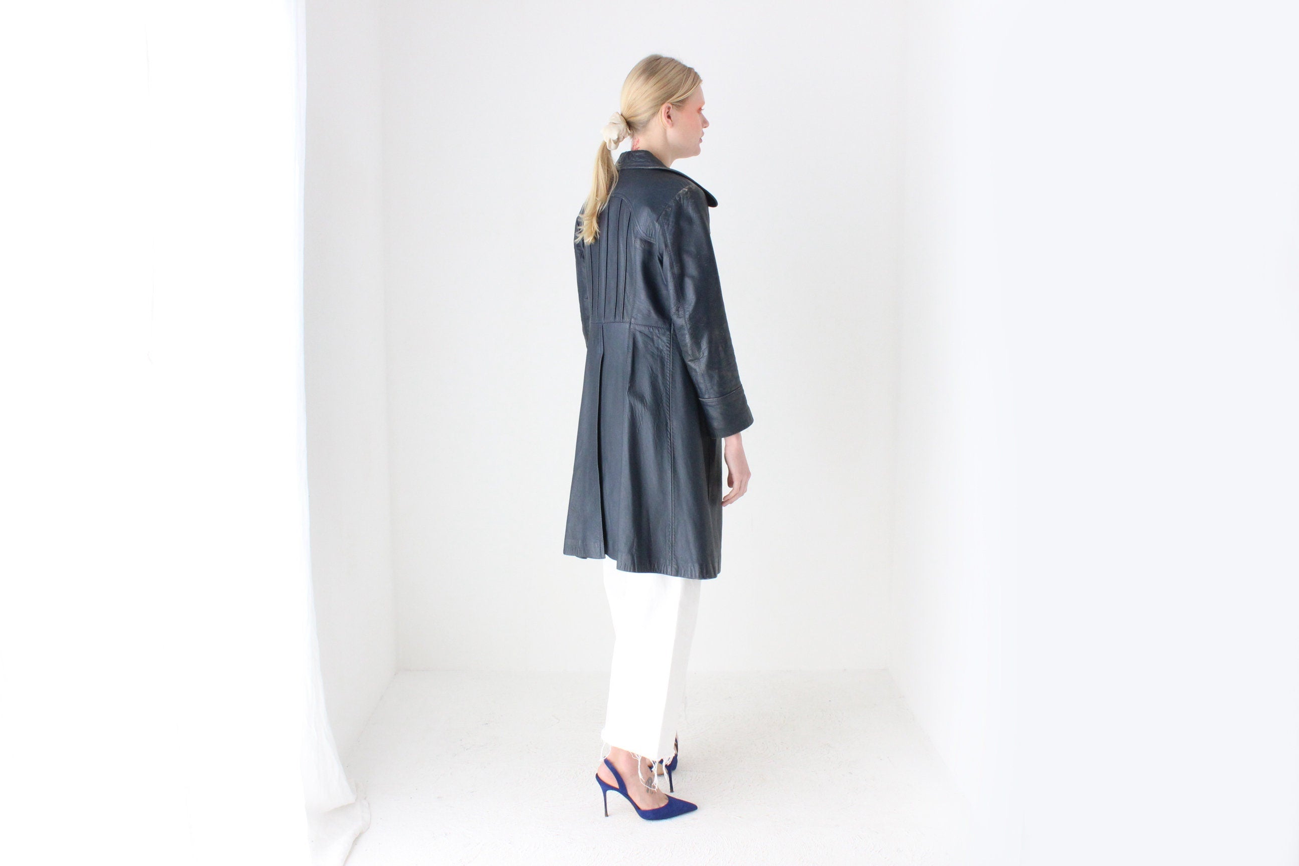 70s Navy Blue Long Leather Button Up Coat