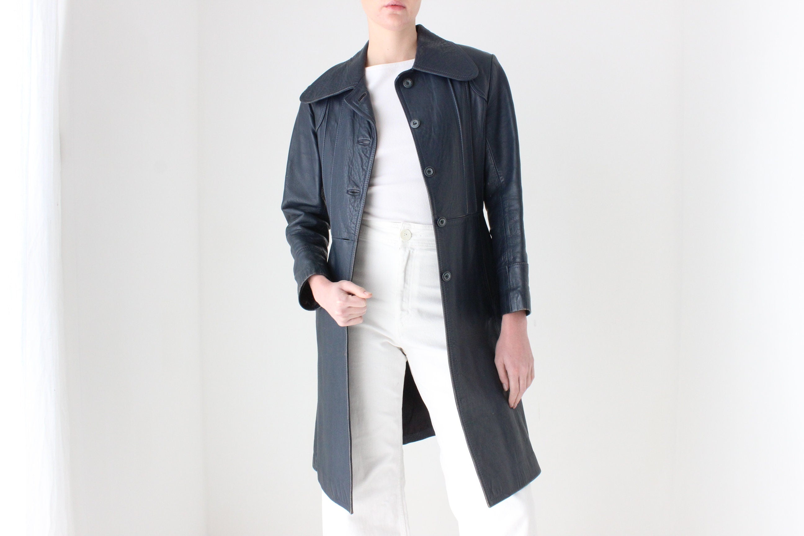 70s Navy Blue Long Leather Button Up Coat
