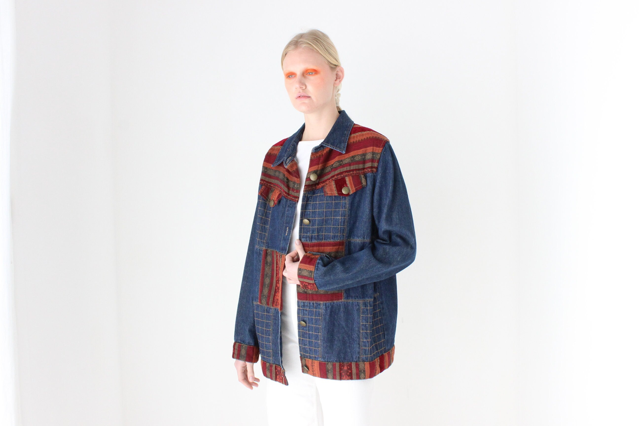 Vintage 90s Woven Patchwork Denim Jacket