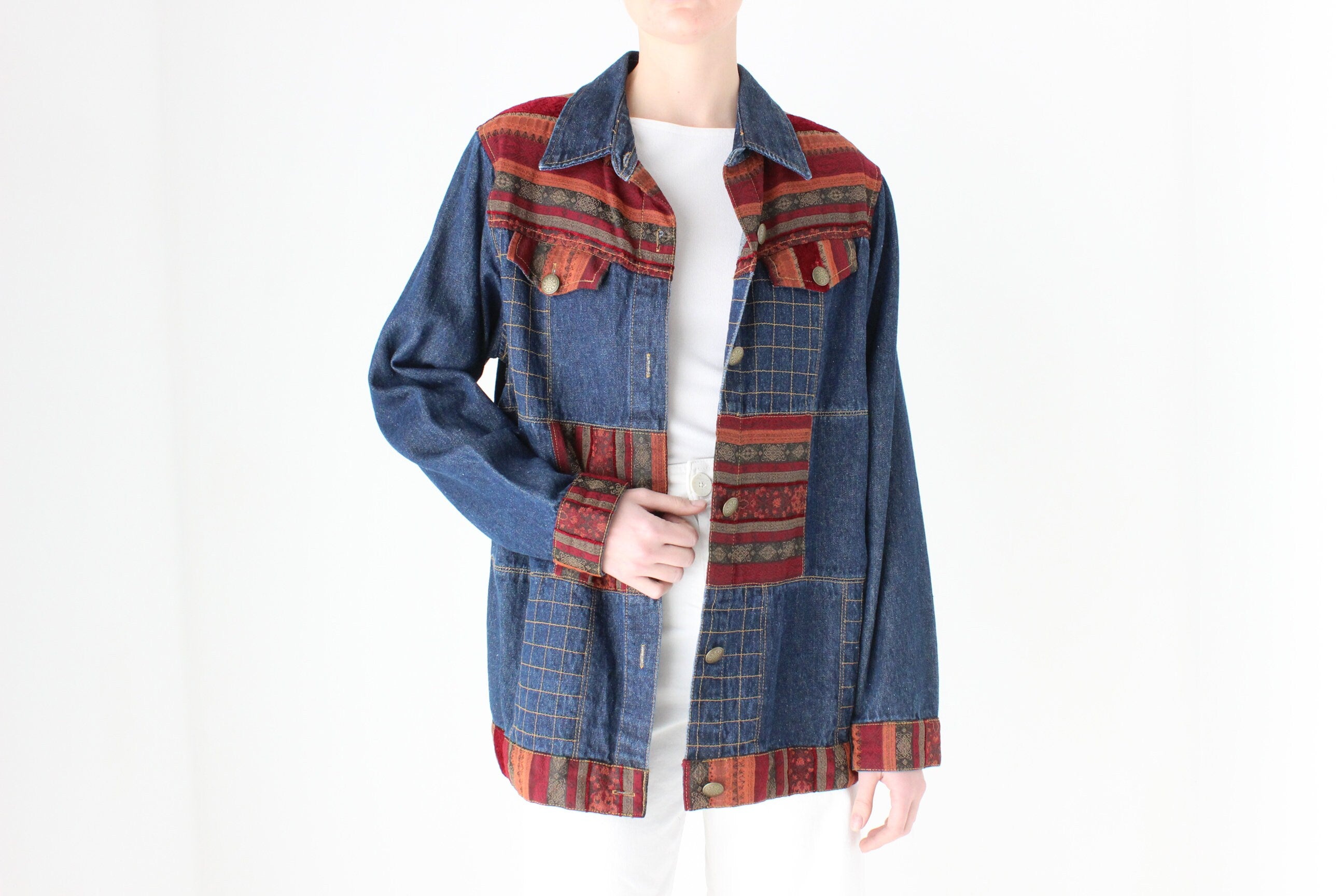 Vintage 90s Woven Patchwork Denim Jacket