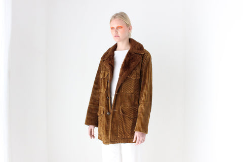 1970s Corduroy & Faux Fur Button Up Coat