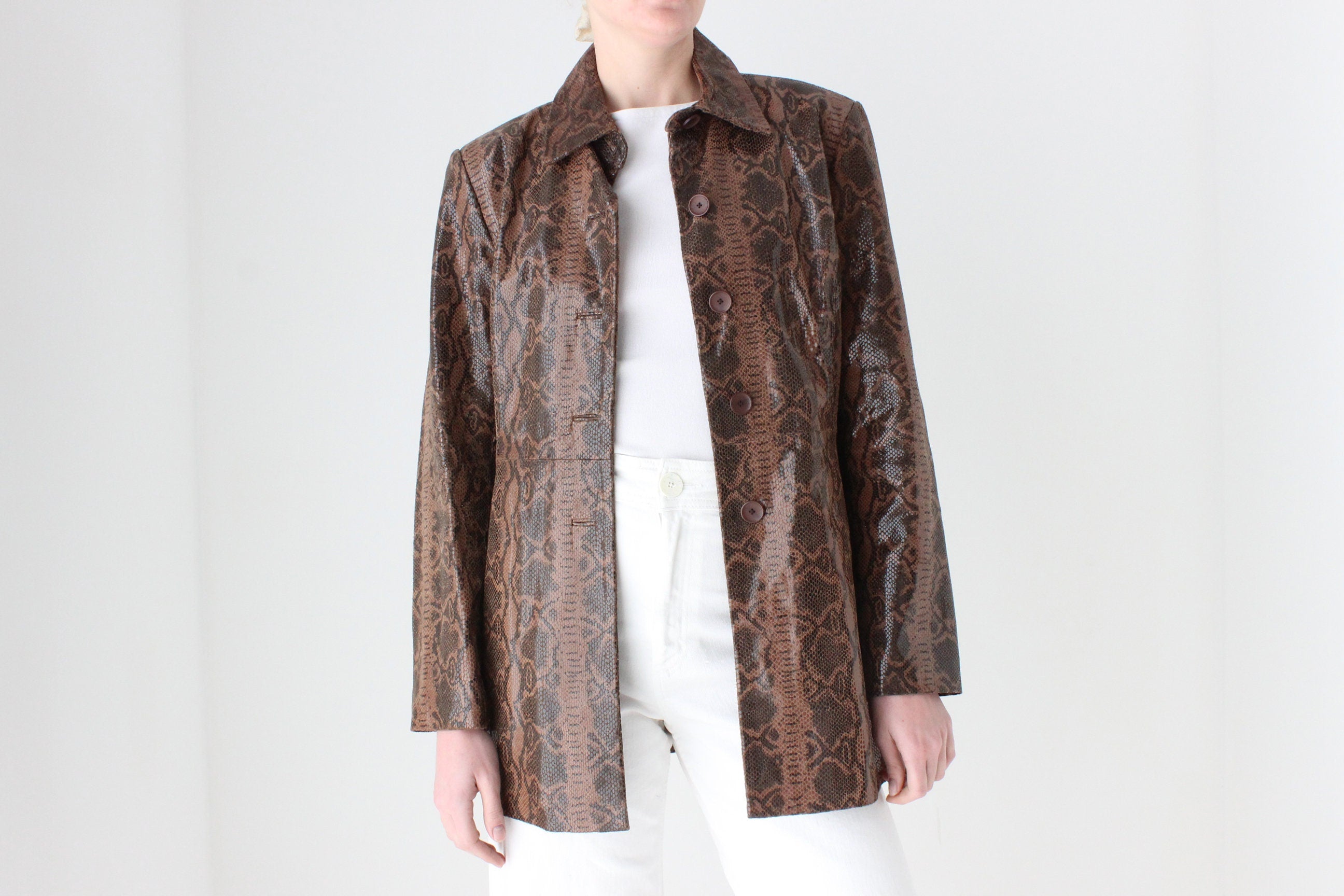 90s {Genuine Leather} Patent Chocolate Snakeskin Coat