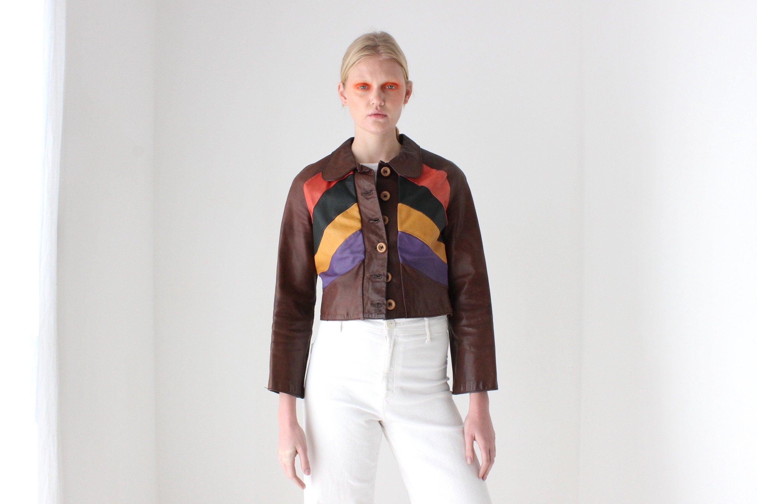 True 1970s One of a Kind Rainbow Leather Cropped Jacket