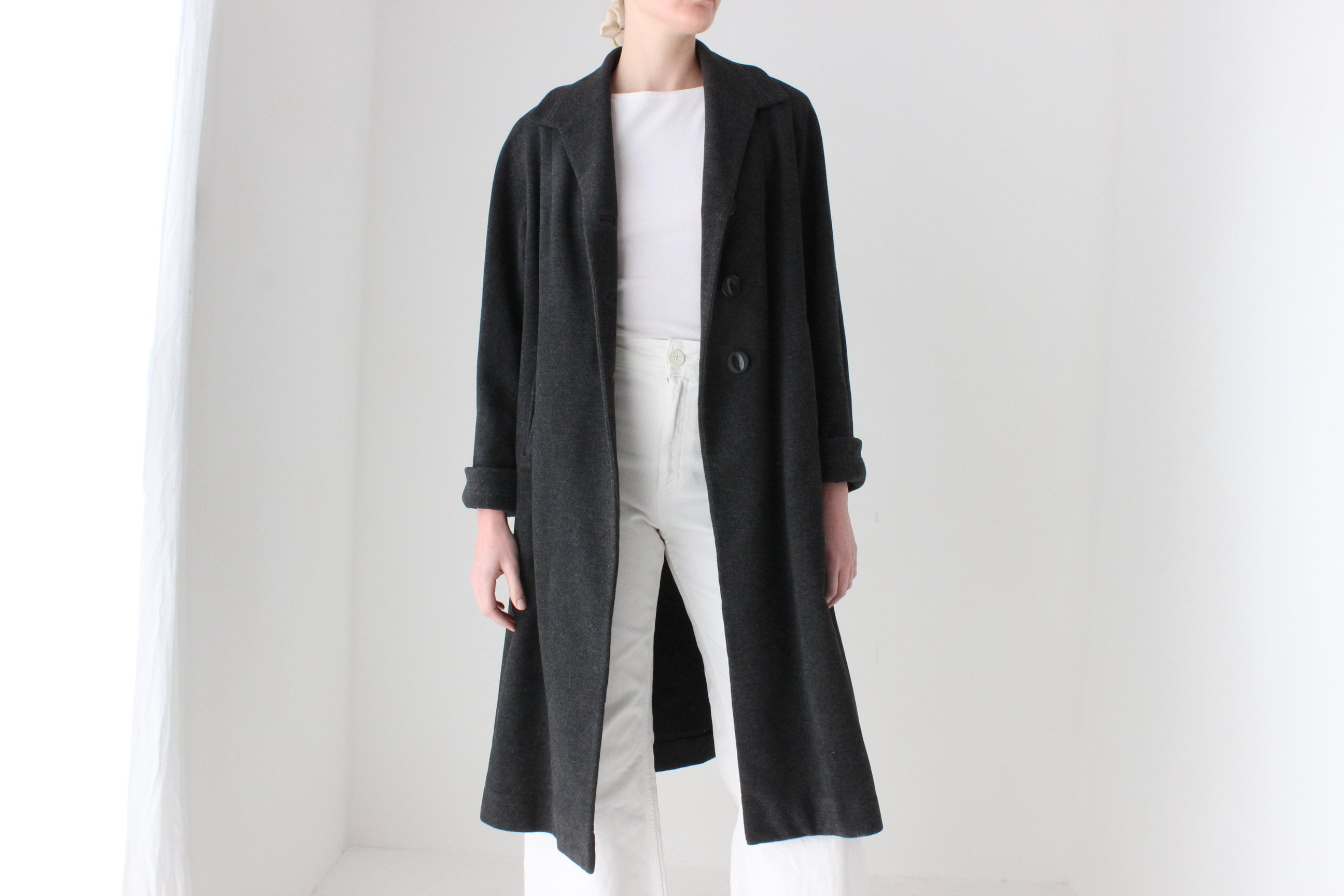 80s Custom Hong Kong Made Charcoal Grey Wool Overcoat w/ Silk Lining