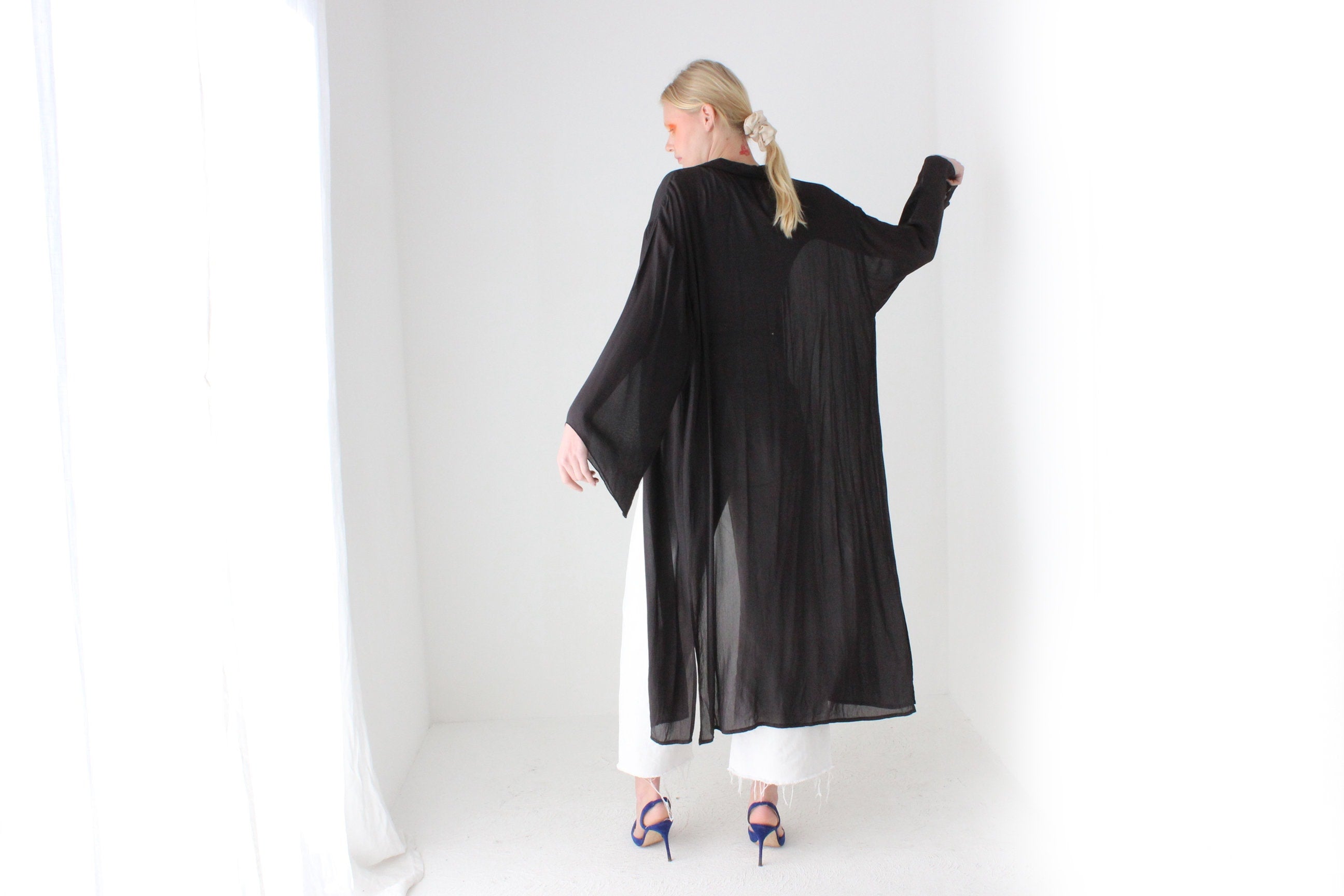 90s Black Sheer Viscose Gauze Floaty Full Length Duster