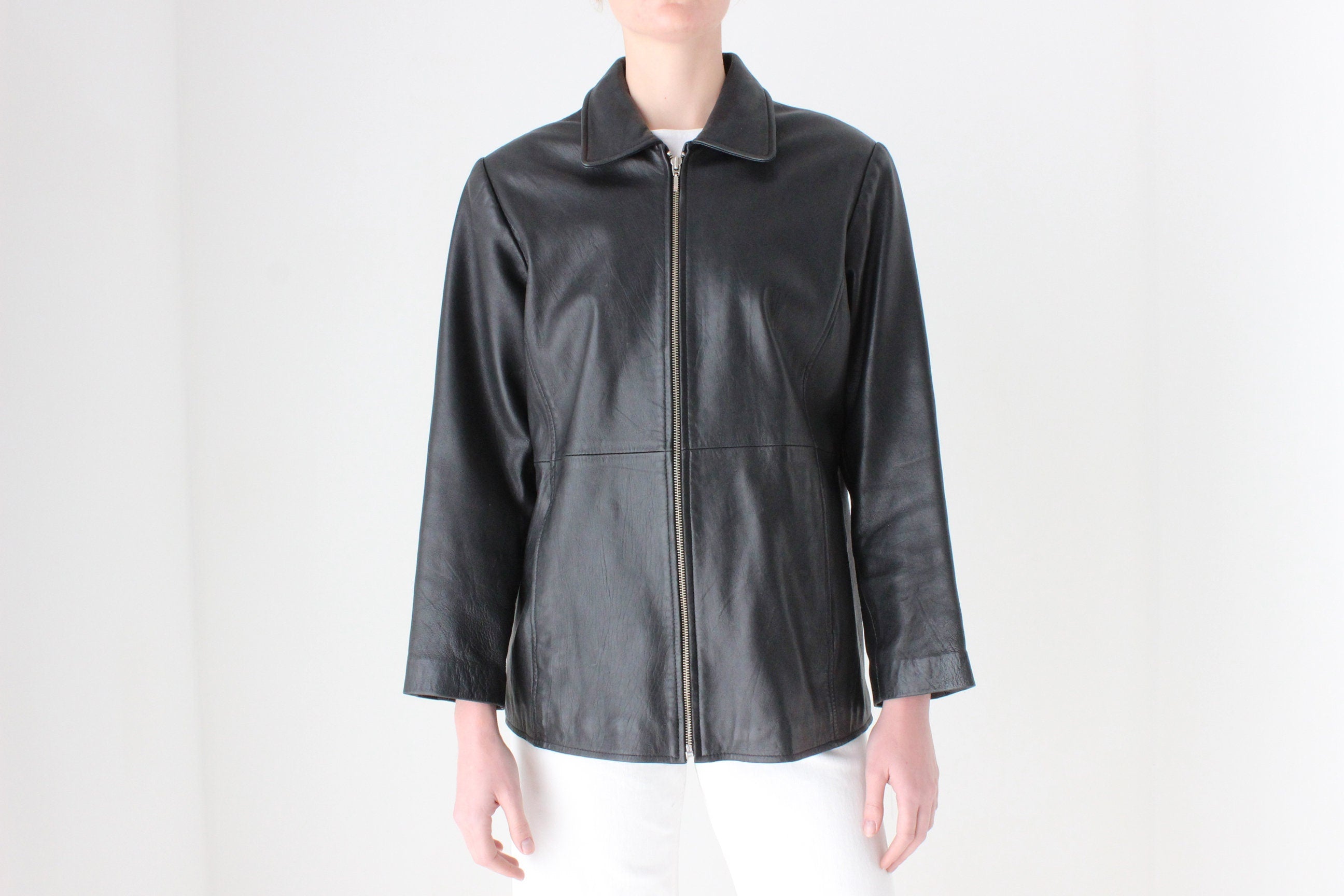 90s Leather Minimal Zip Front Jacket