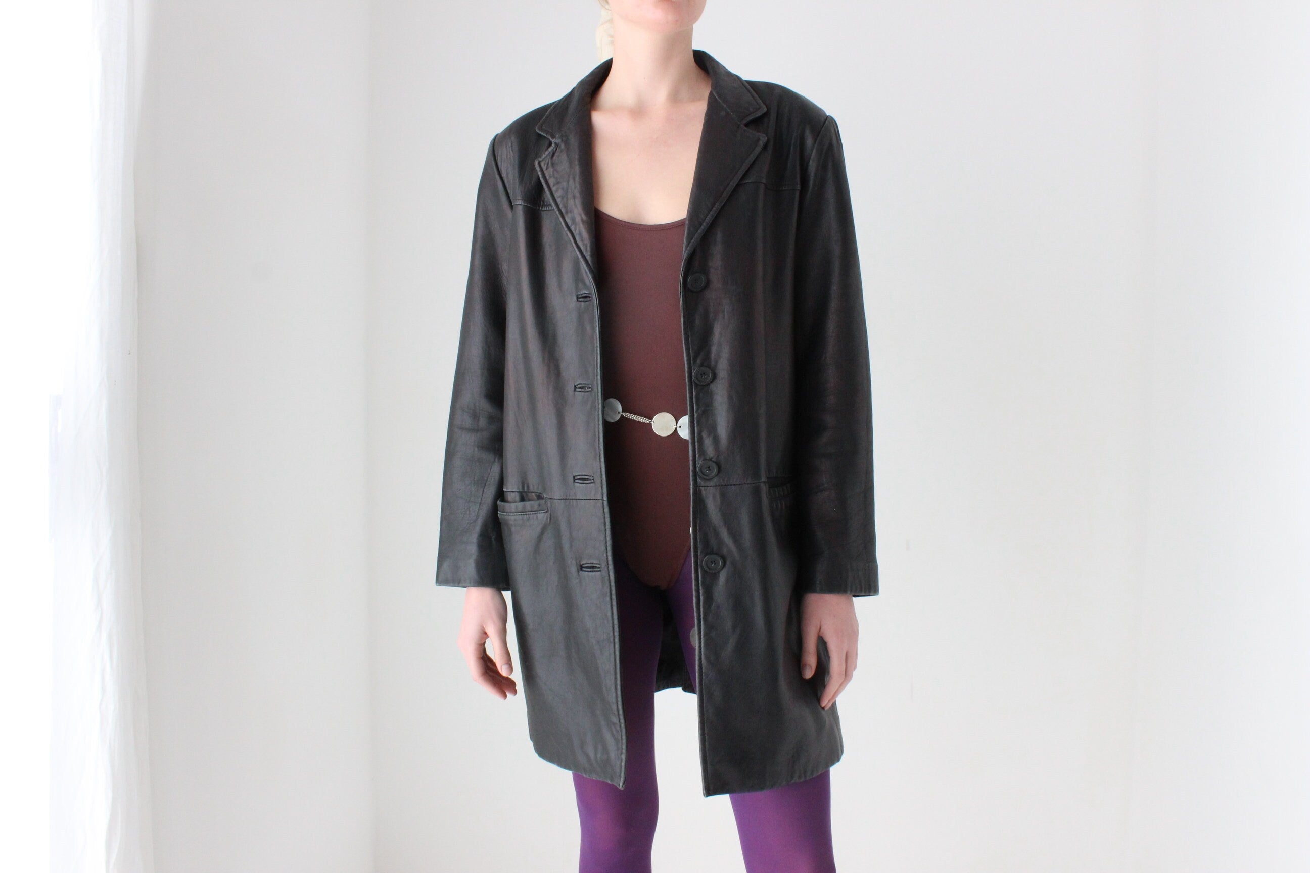 90s Adler Softest Lambskin Leather Classic Minimal Button Up Coat