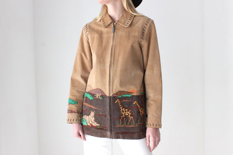 Delightful 90s Suede Safari Scenery Zip Front Jacket