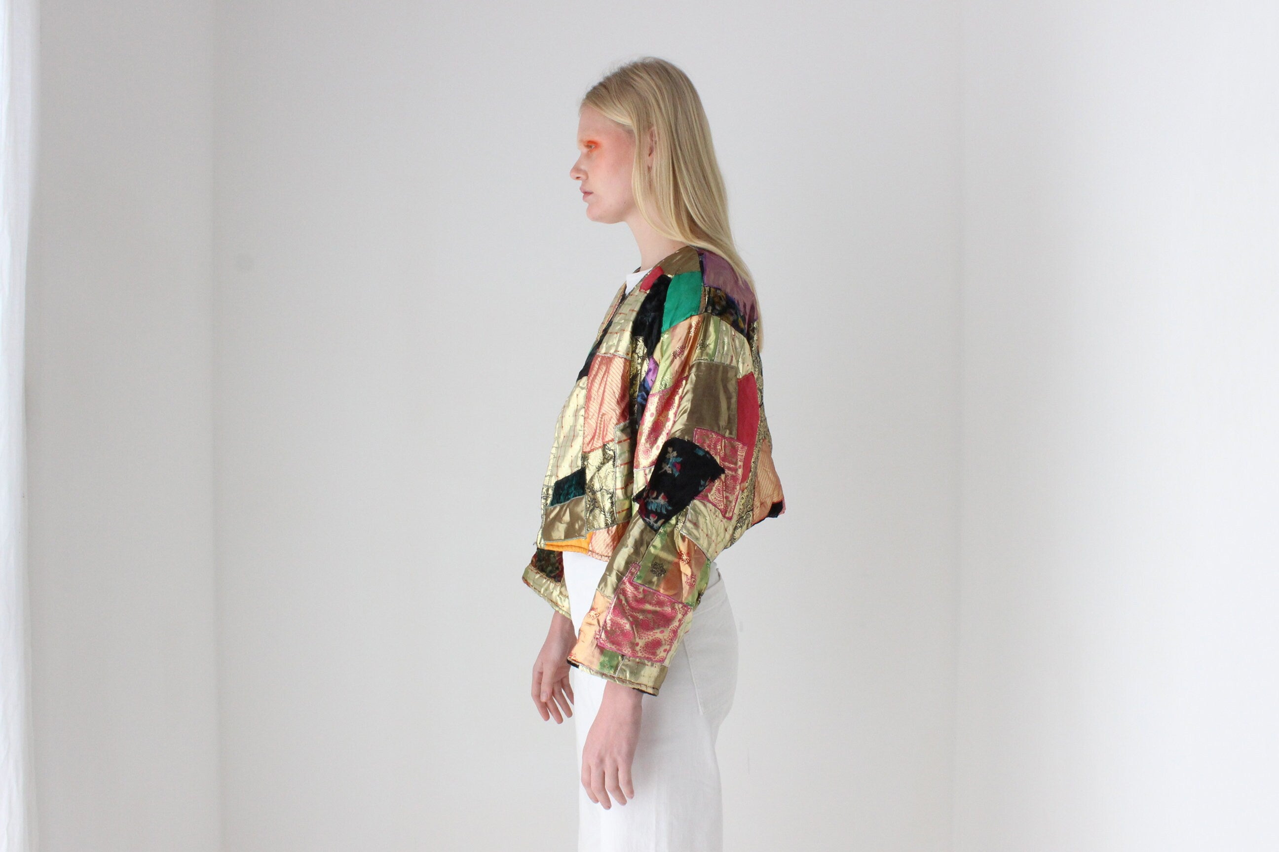 80s Metallic Patchwork Rayon Quilted Cropped Kimono Jacket