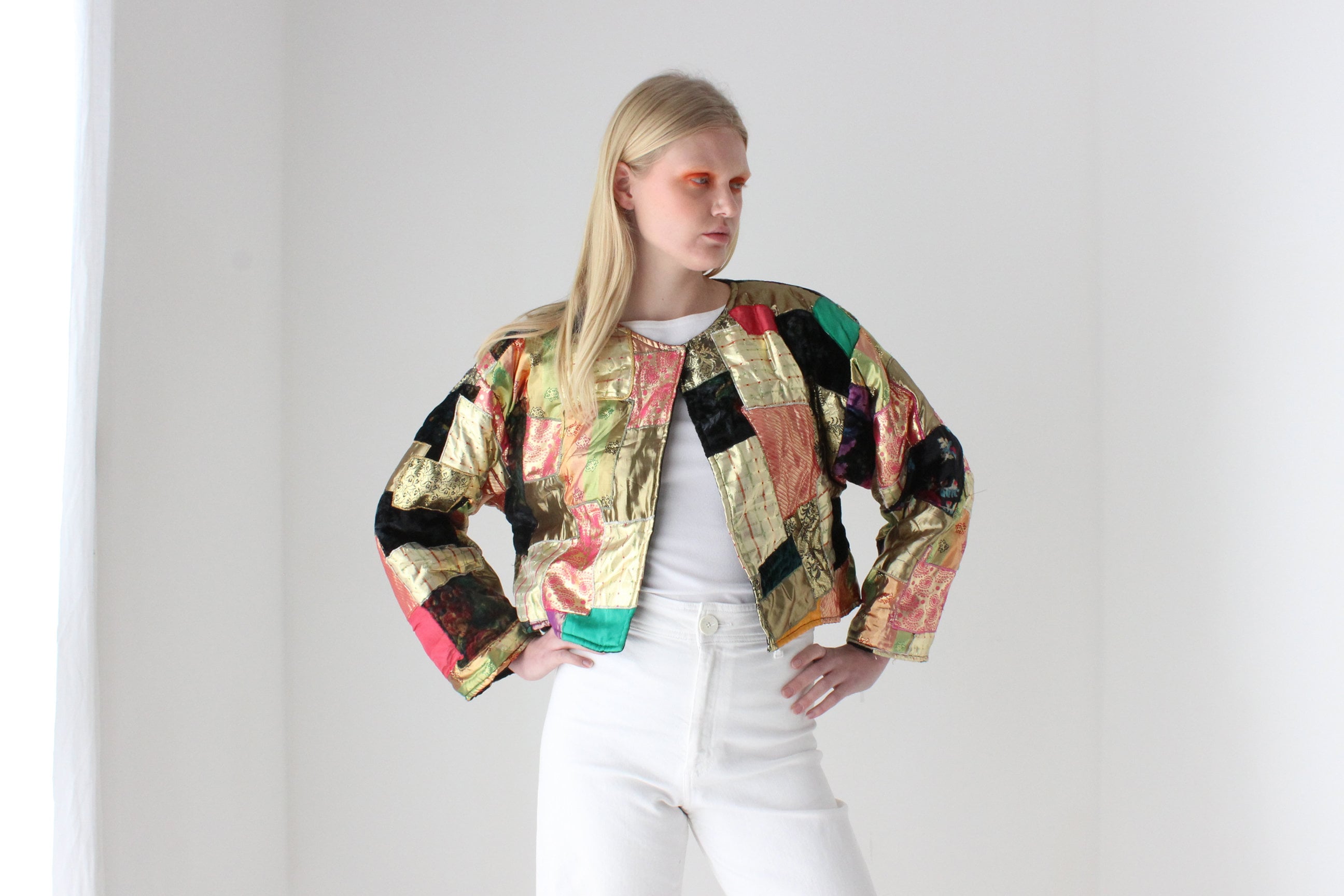 80s Metallic Patchwork Rayon Quilted Cropped Kimono Jacket