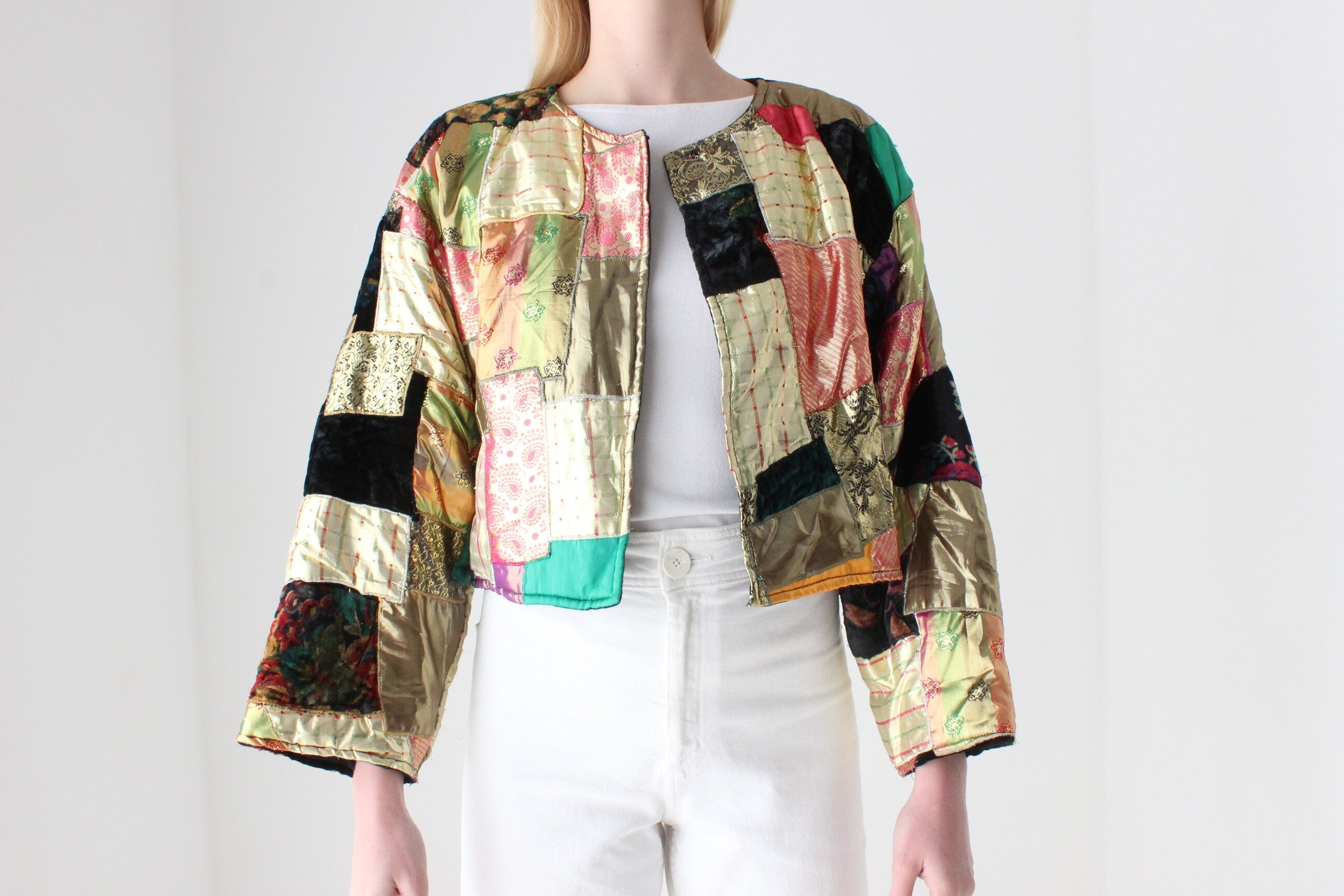 80s Metallic Patchwork Rayon Quilted Cropped Kimono Jacket