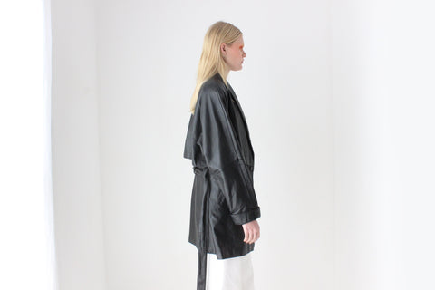 Chic 80s Leather Tie Waist Shawl Collar Belted Coat
