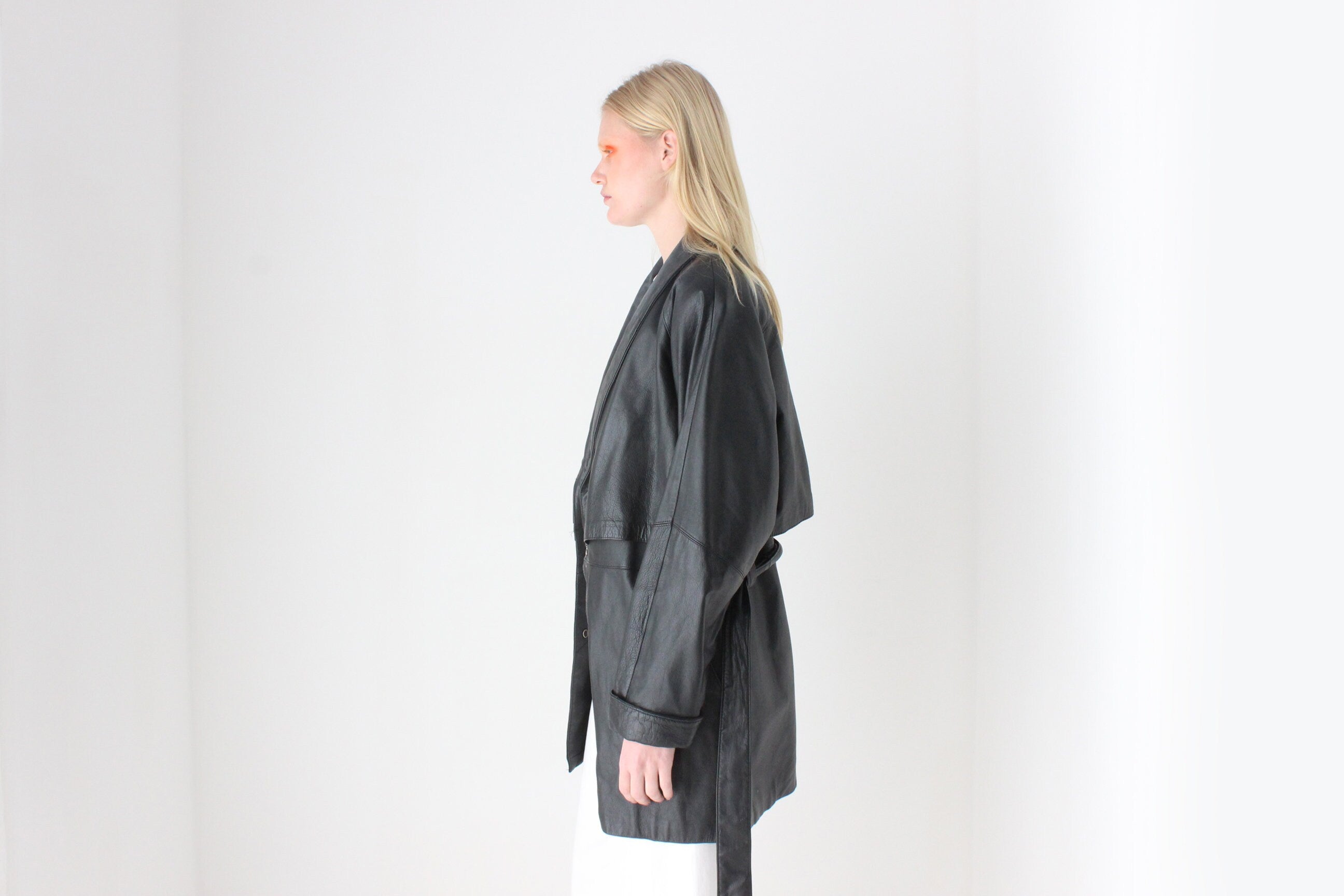 Chic 80s Leather Tie Waist Shawl Collar Belted Coat