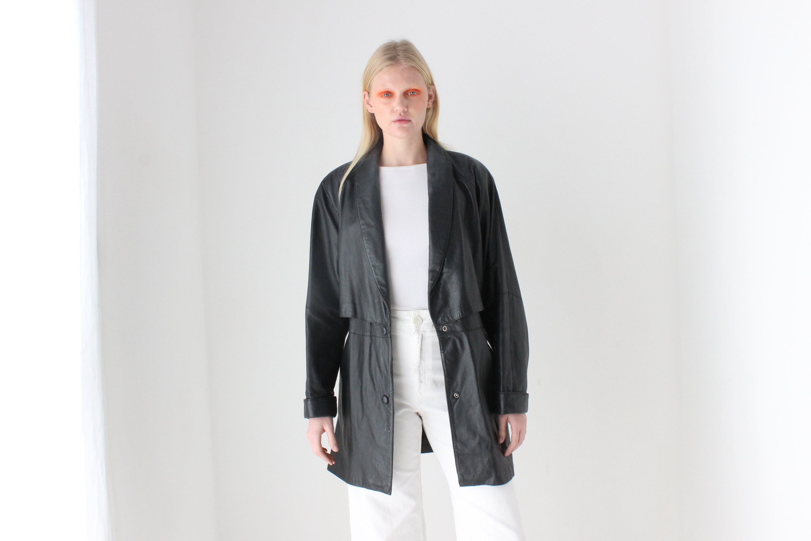 Chic 80s Leather Tie Waist Shawl Collar Belted Coat