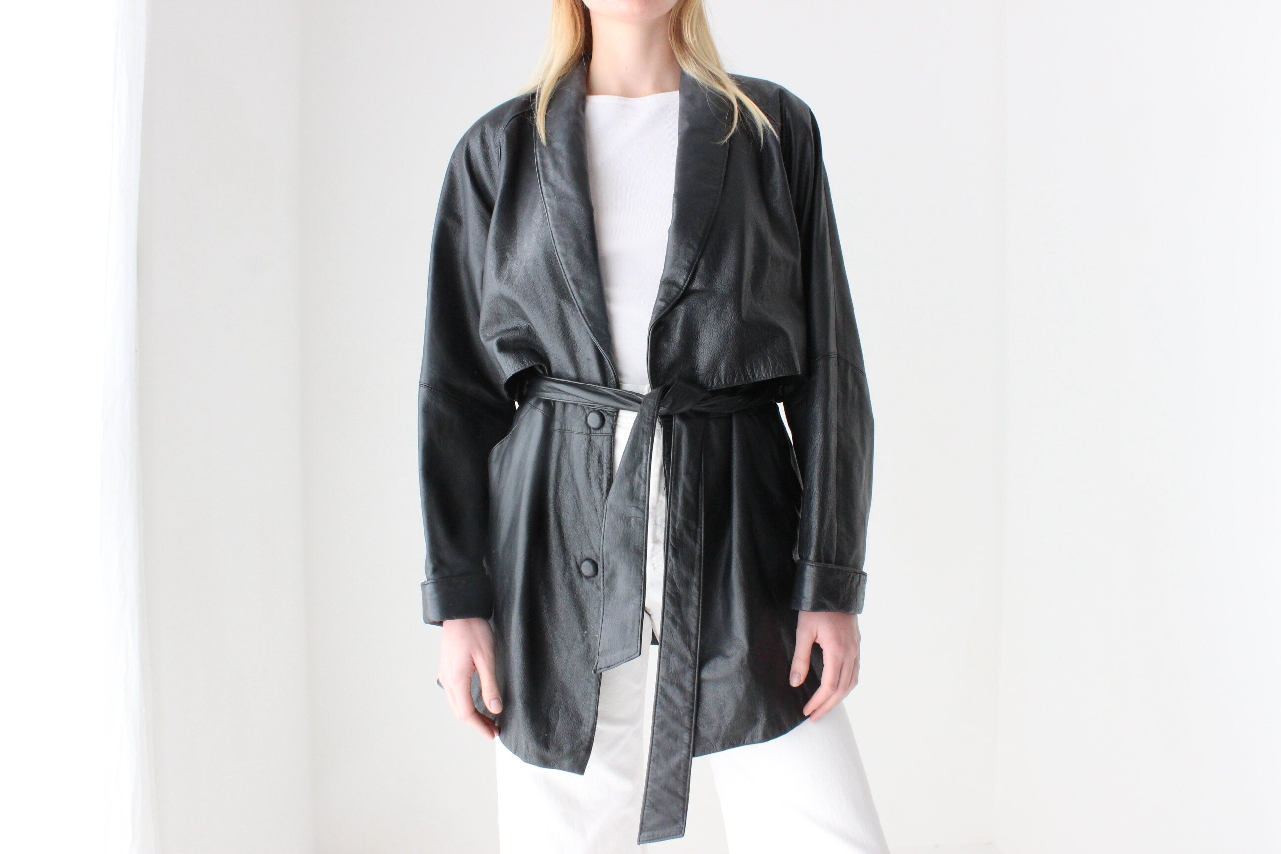 Chic 80s Leather Tie Waist Shawl Collar Belted Coat