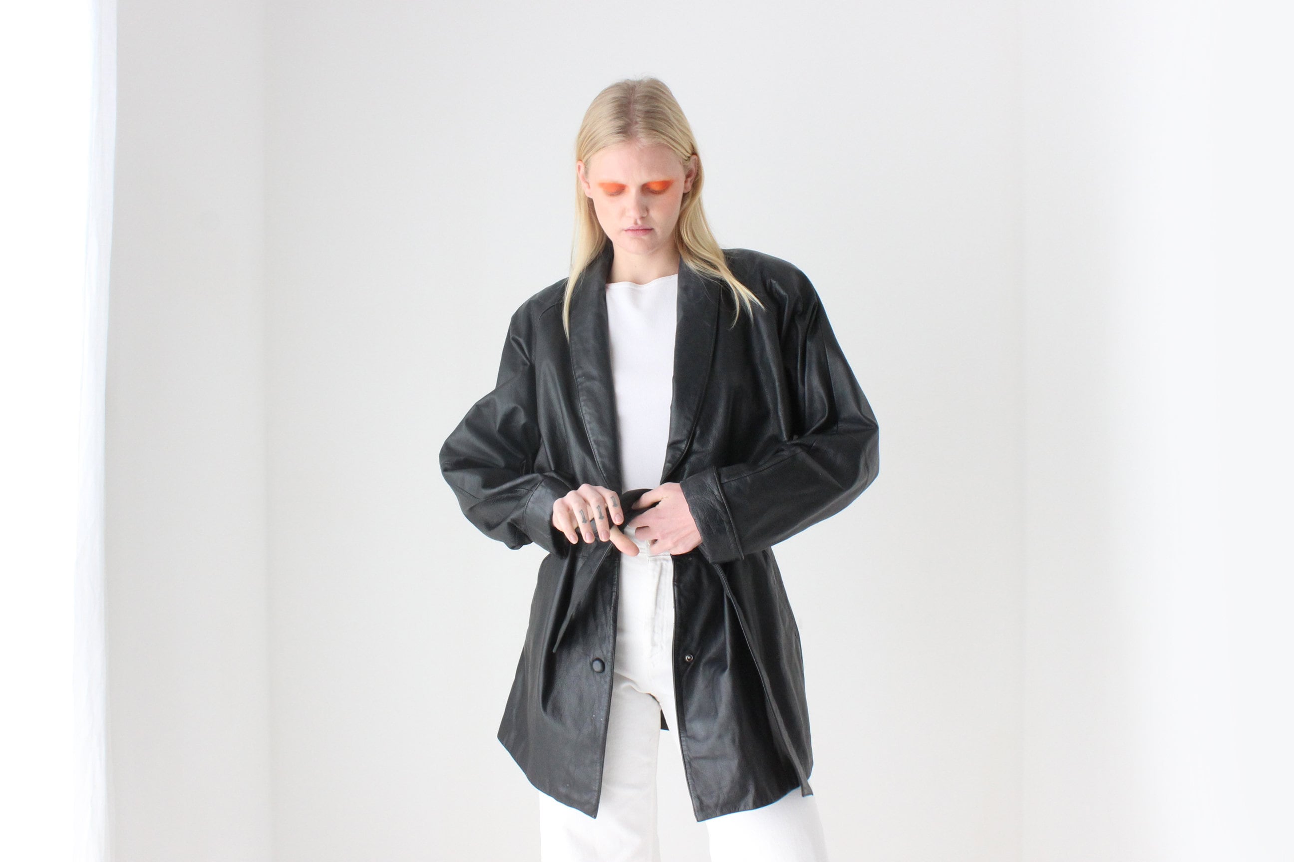 Chic 80s Leather Tie Waist Shawl Collar Belted Coat