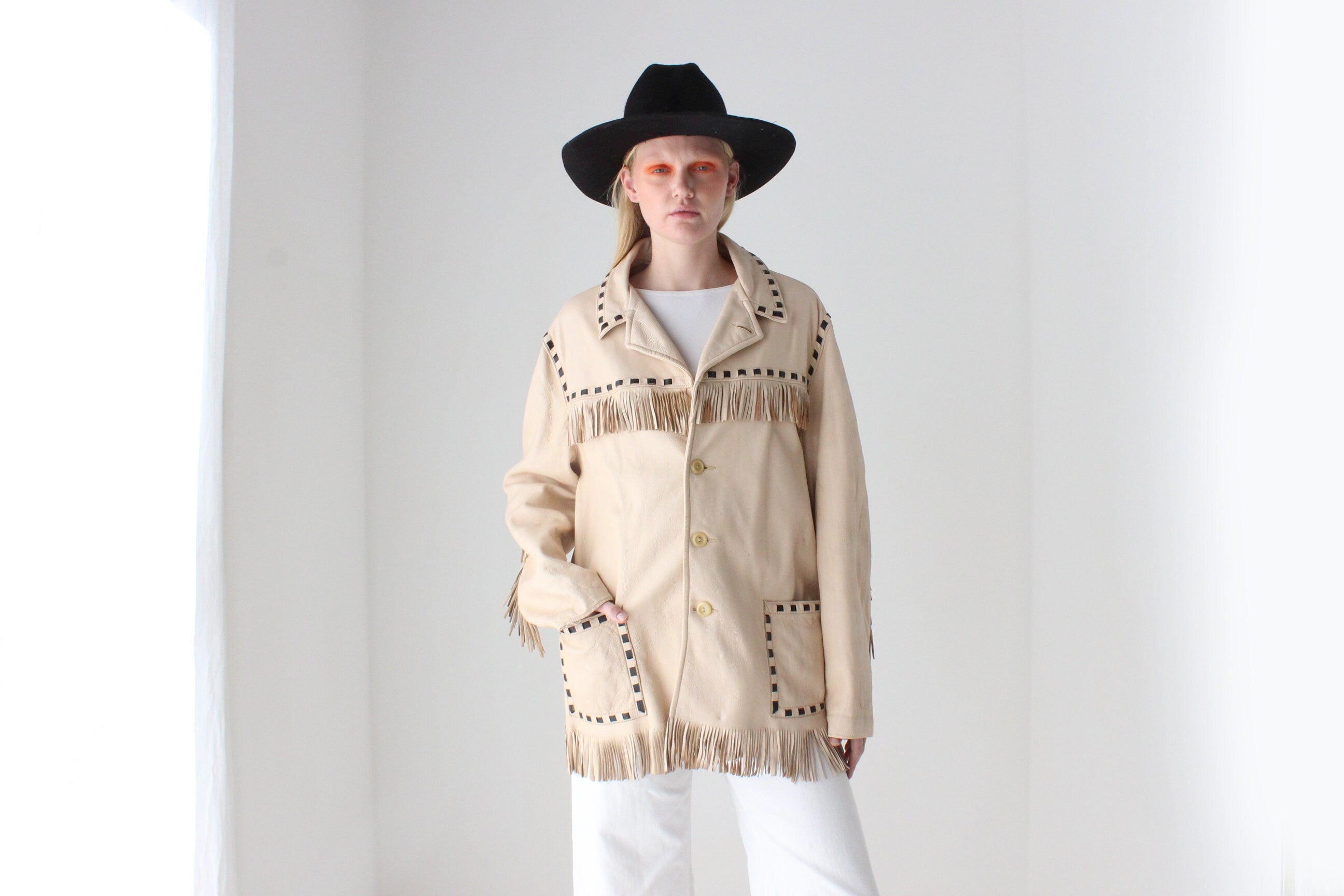 70s Camp Cowboy Leather Fringe Boxy Western Jacket