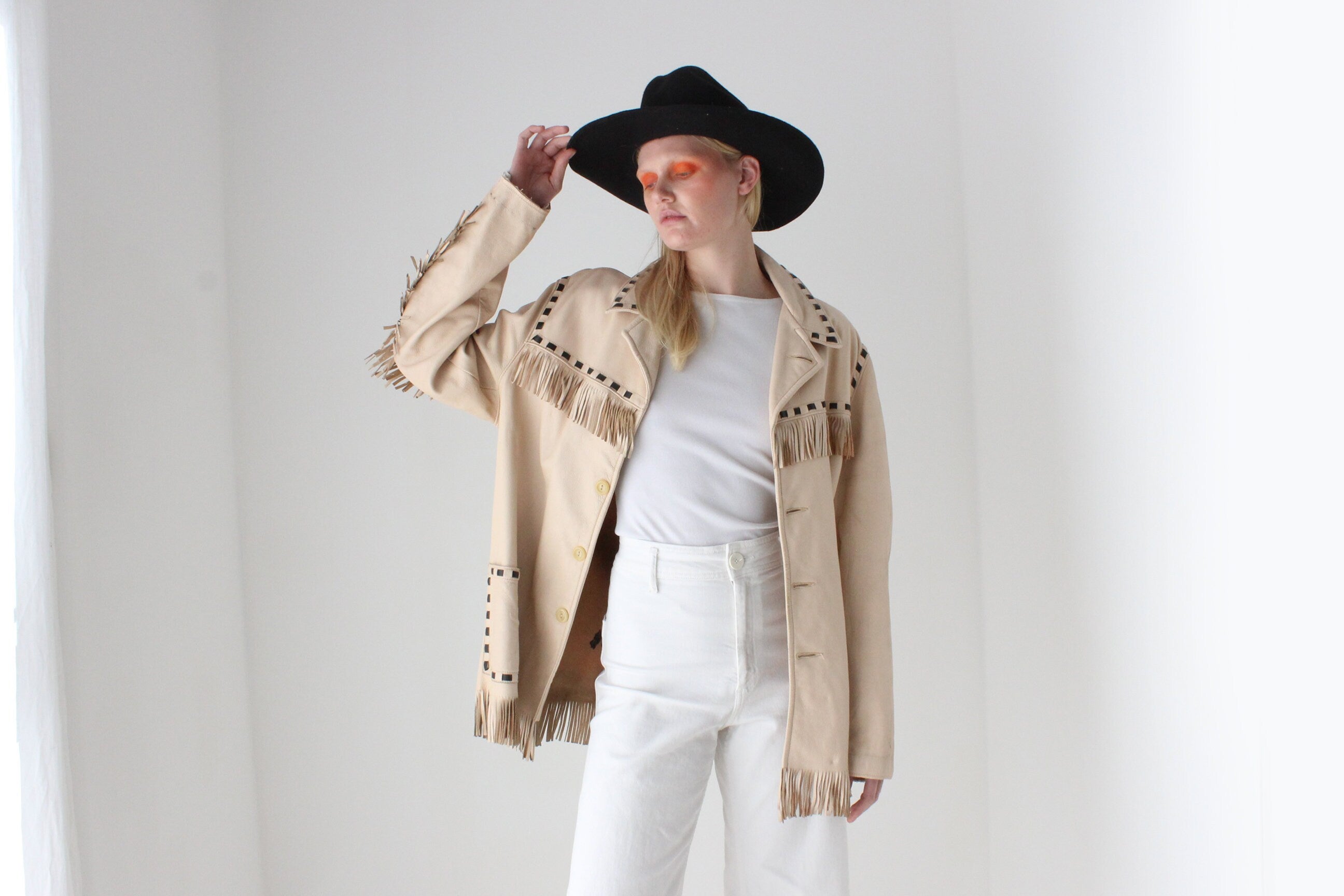 70s Camp Cowboy Leather Fringe Boxy Western Jacket