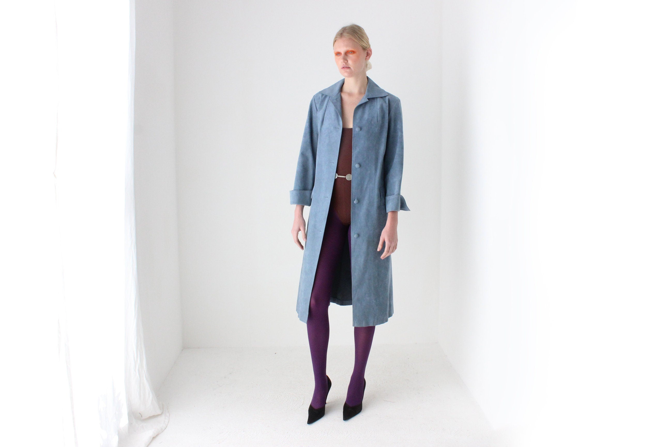 70s Sky Blue Suede Look Belted Trench Coat