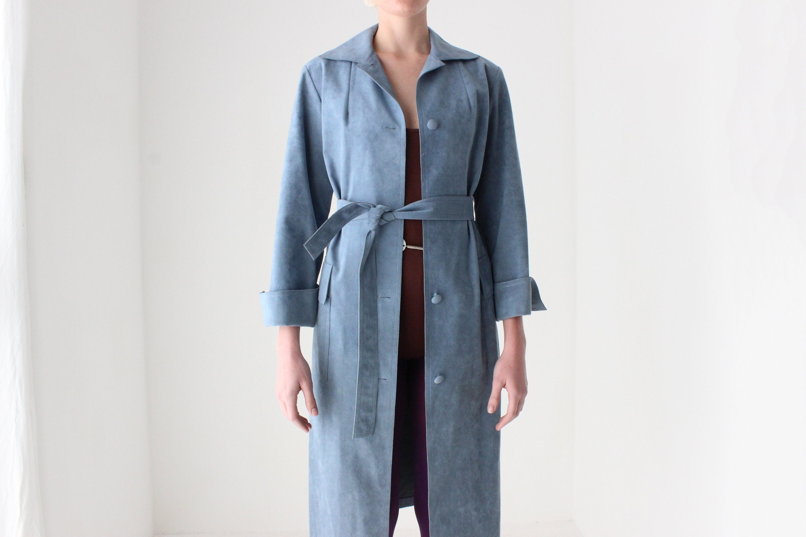 70s Sky Blue Suede Look Belted Trench Coat