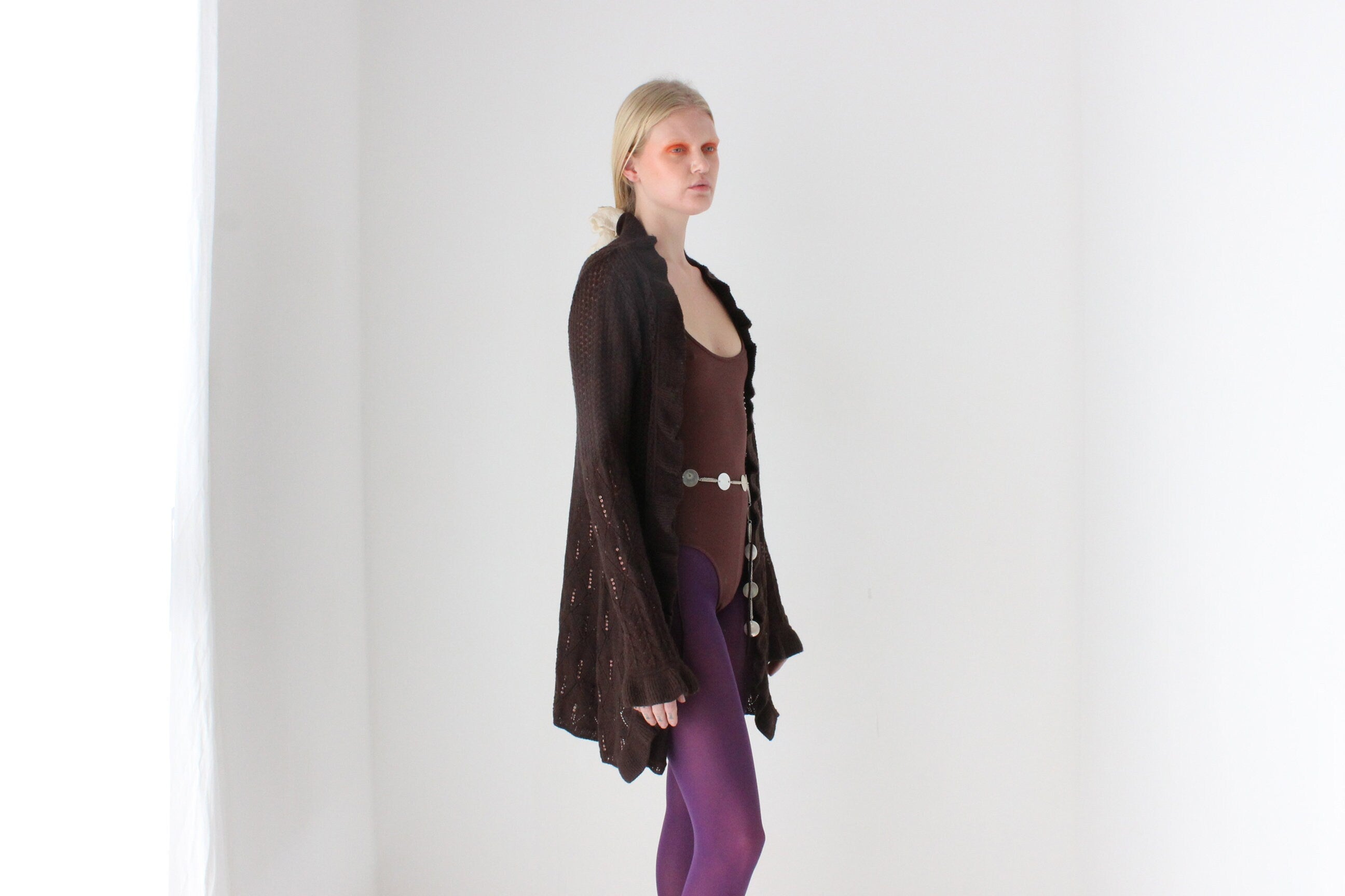 Y2K Pure Wool Ruffle Crochet Knit Fitted Long Cardigan