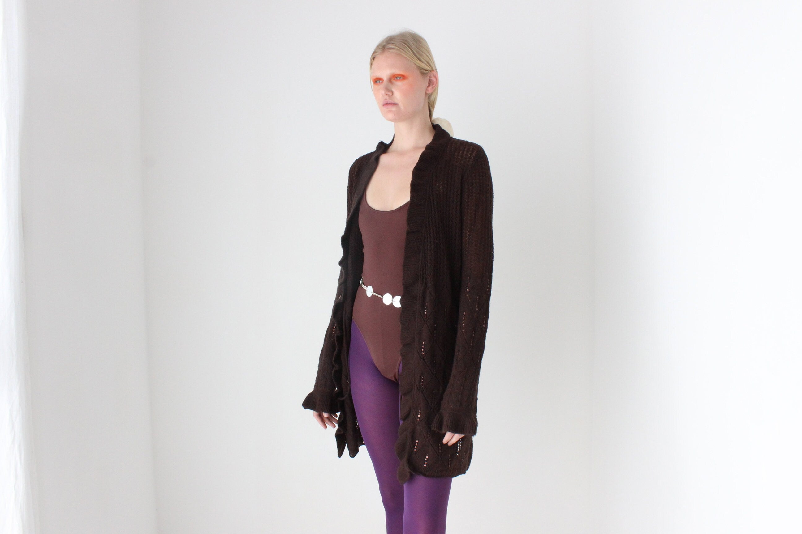 Y2K Pure Wool Ruffle Crochet Knit Fitted Long Cardigan