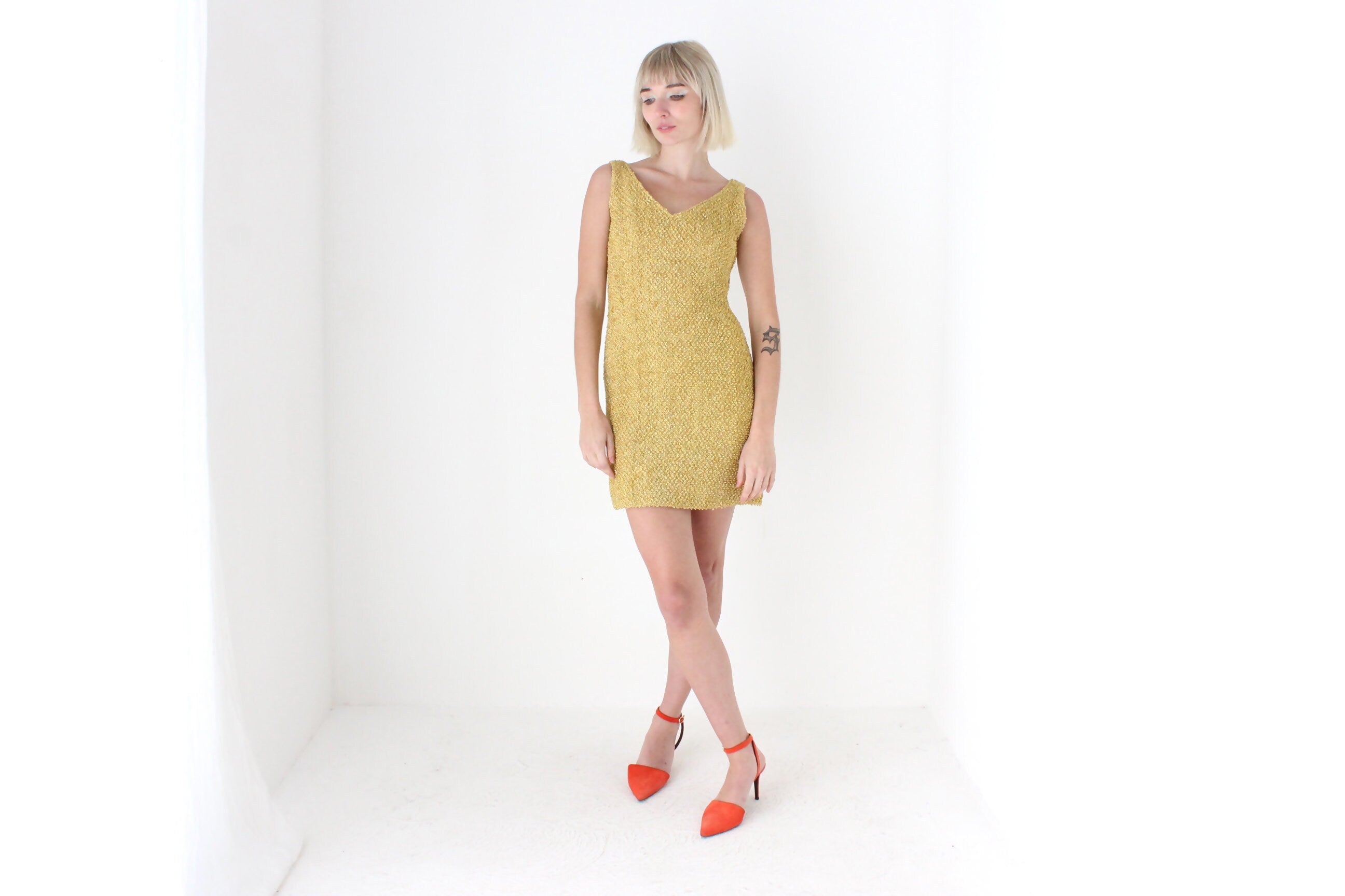 60s Golden Metallic Boucle Knit Marylin Mini